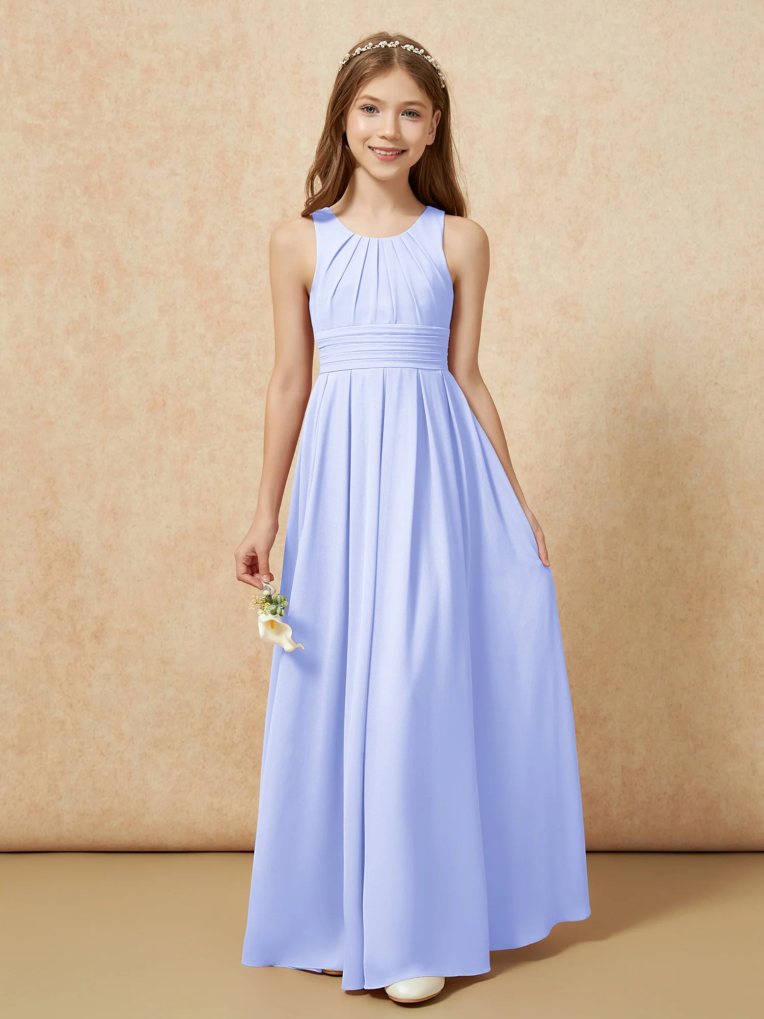 Scoop Neck Pleated Long Junior Bridesmaid Dresses Lavender - Image 5