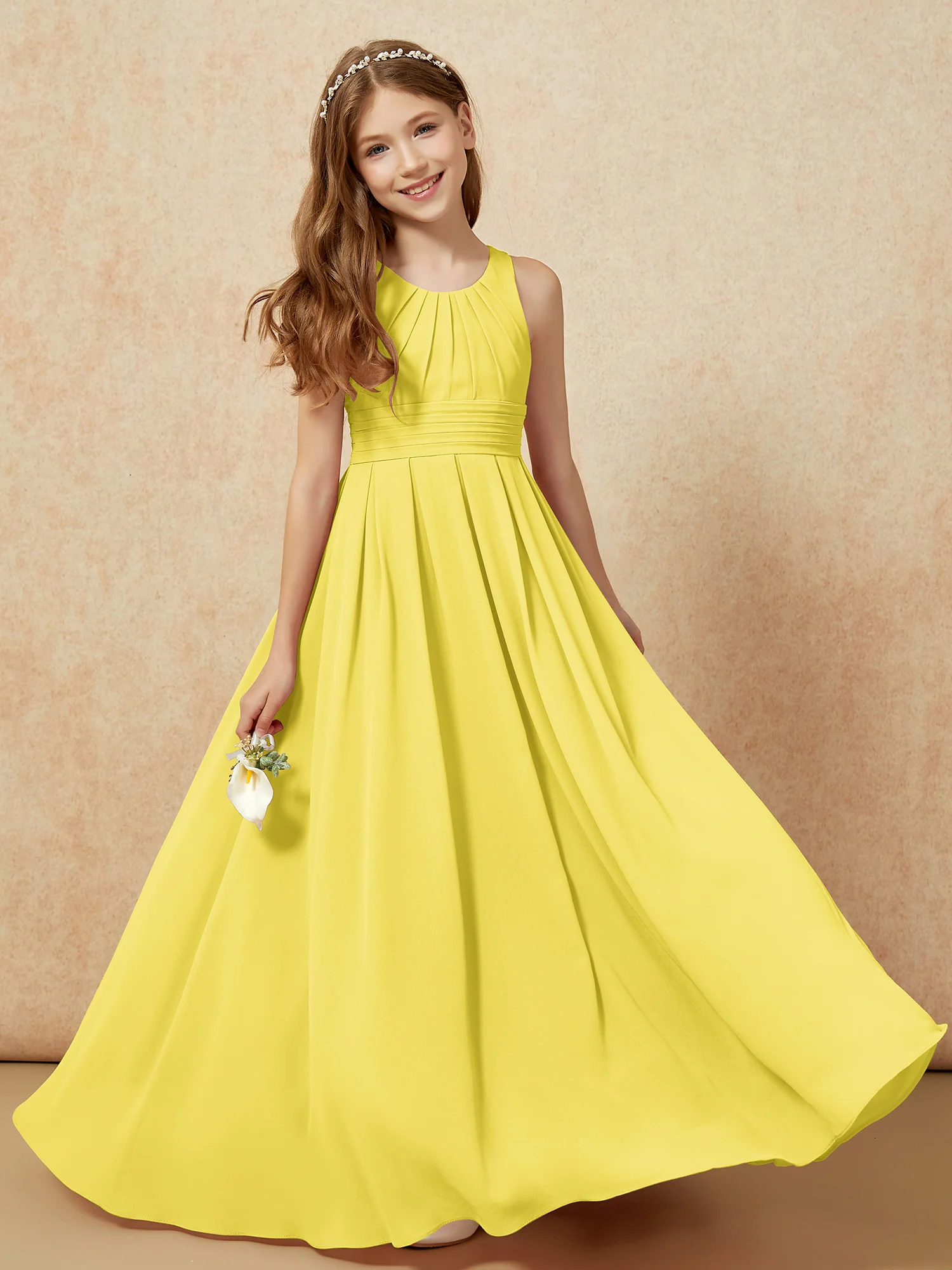 Scoop Neck Pleated Long Junior Bridesmaid Dresses Lemon