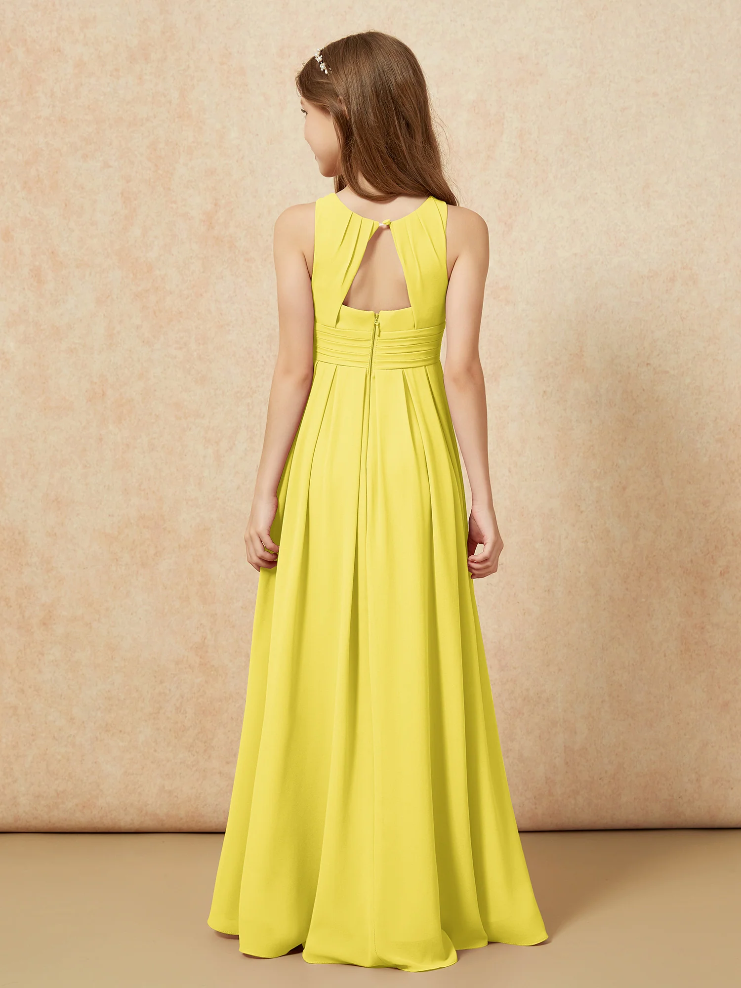 Scoop Neck Pleated Long Junior Bridesmaid Dresses Lemon - Image 2