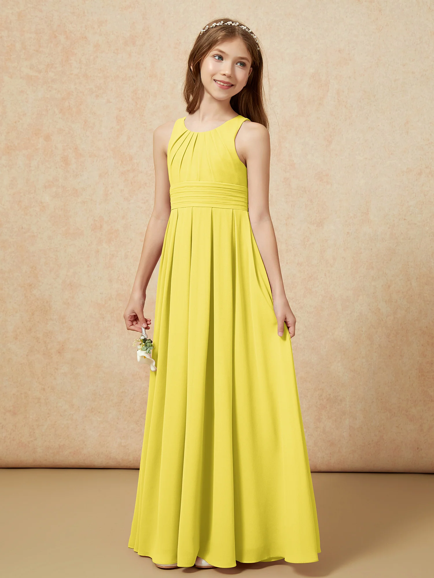 Scoop Neck Pleated Long Junior Bridesmaid Dresses Lemon - Image 3