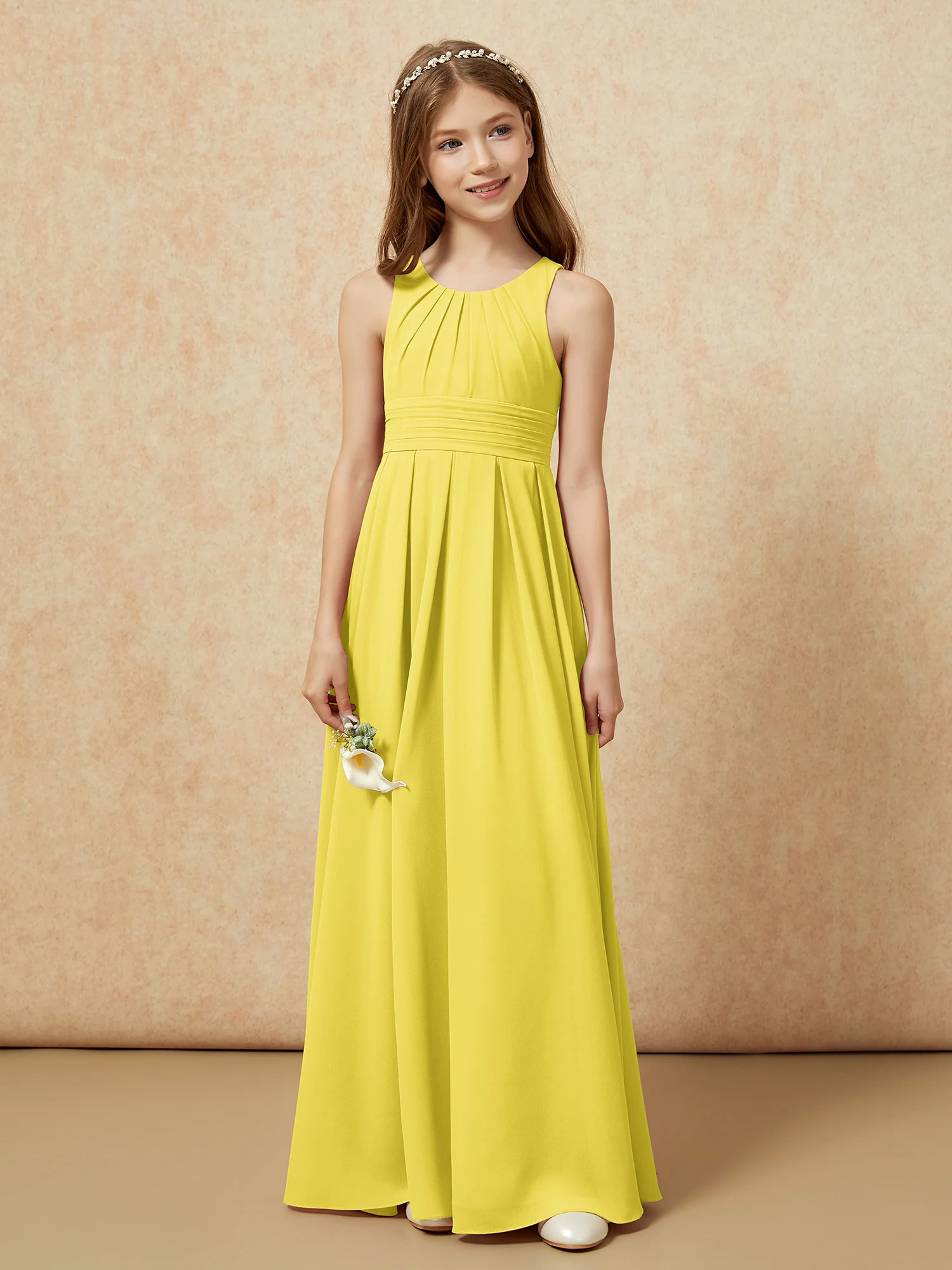 Scoop Neck Pleated Long Junior Bridesmaid Dresses Lemon - Image 4