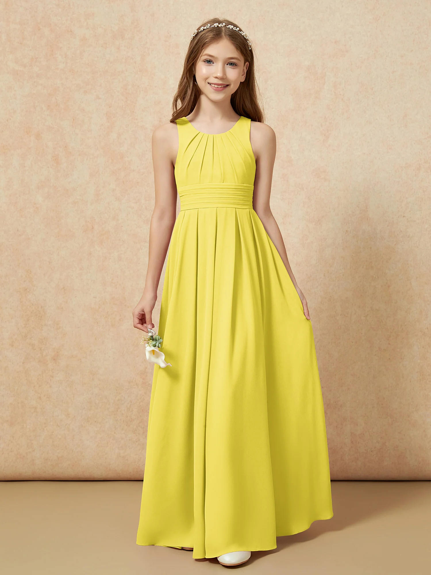 Scoop Neck Pleated Long Junior Bridesmaid Dresses Lemon - Image 5