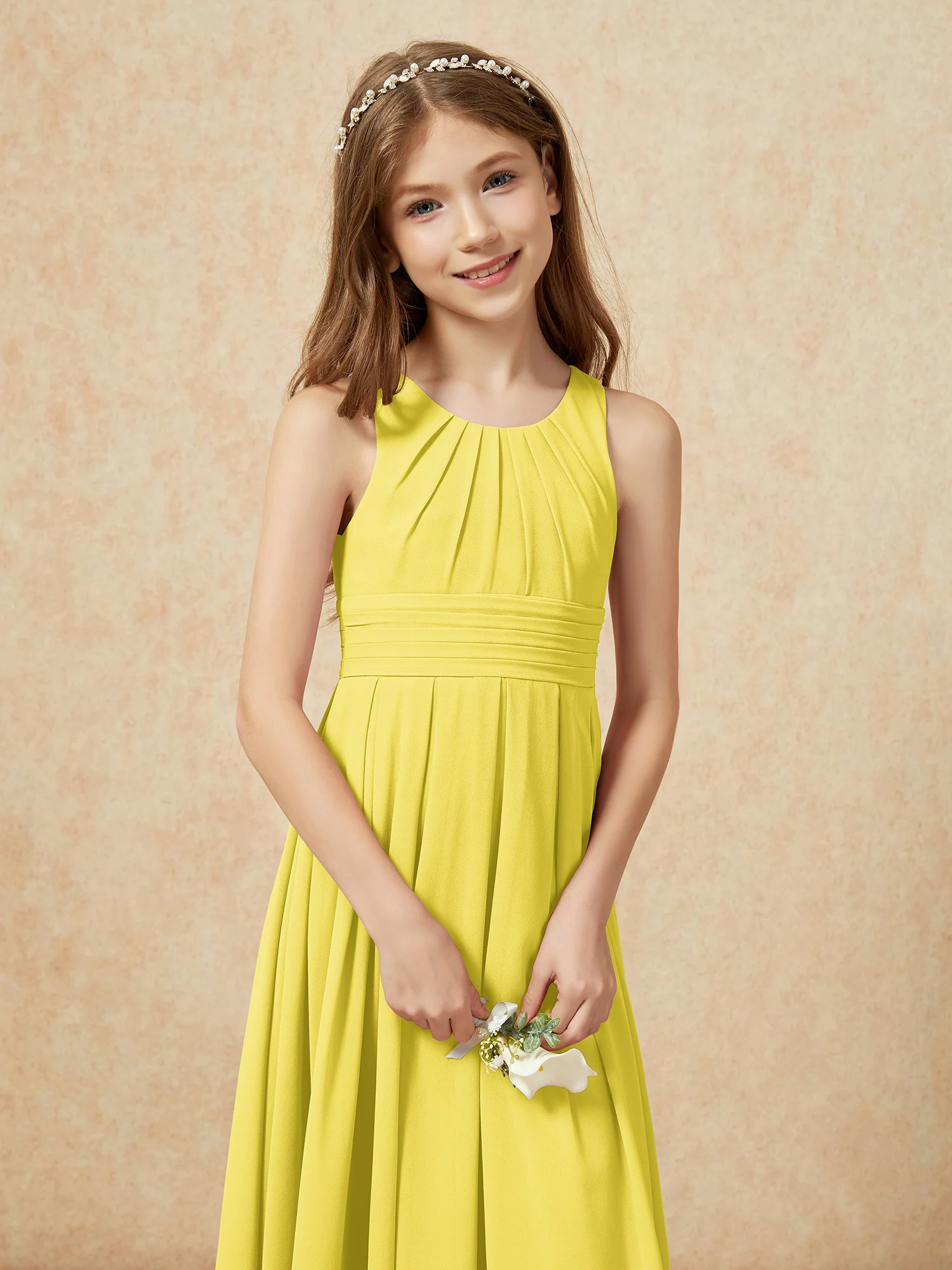 Scoop Neck Pleated Long Junior Bridesmaid Dresses Lemon - Image 6
