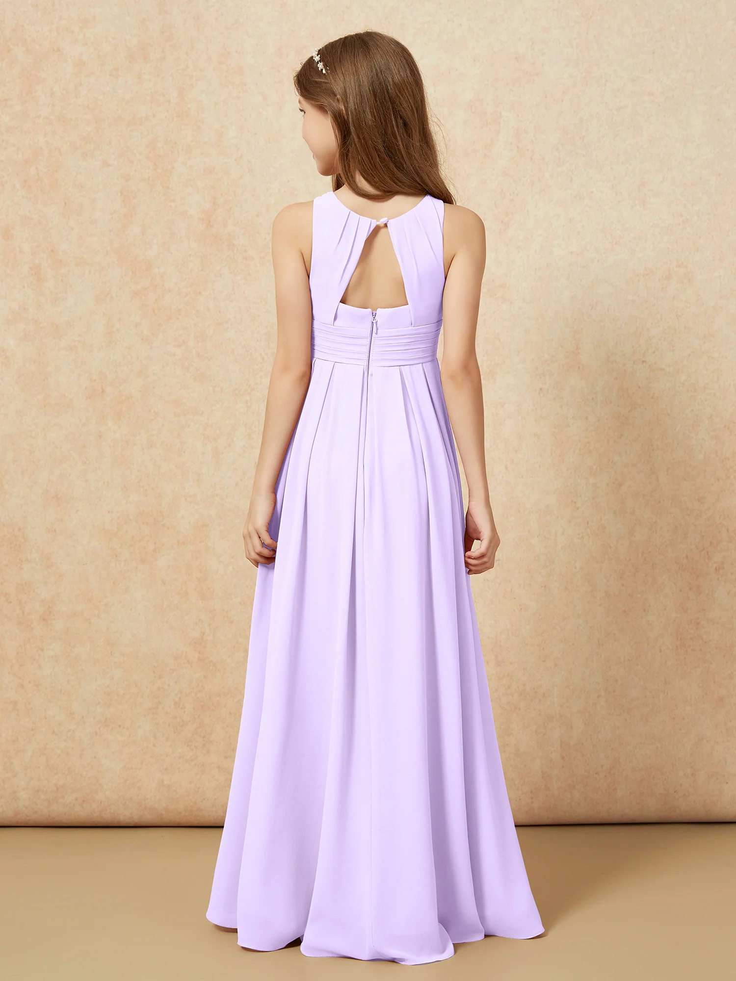 Scoop Neck Pleated Long Junior Bridesmaid Dresses Lilac - Image 2