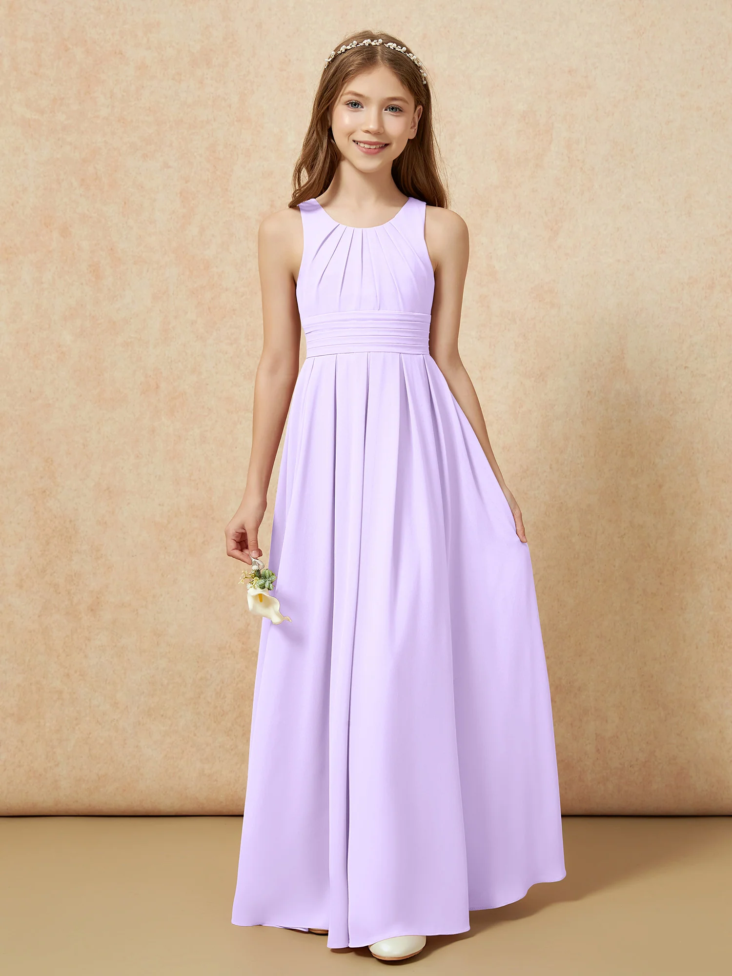 Scoop Neck Pleated Long Junior Bridesmaid Dresses Lilac - Image 5