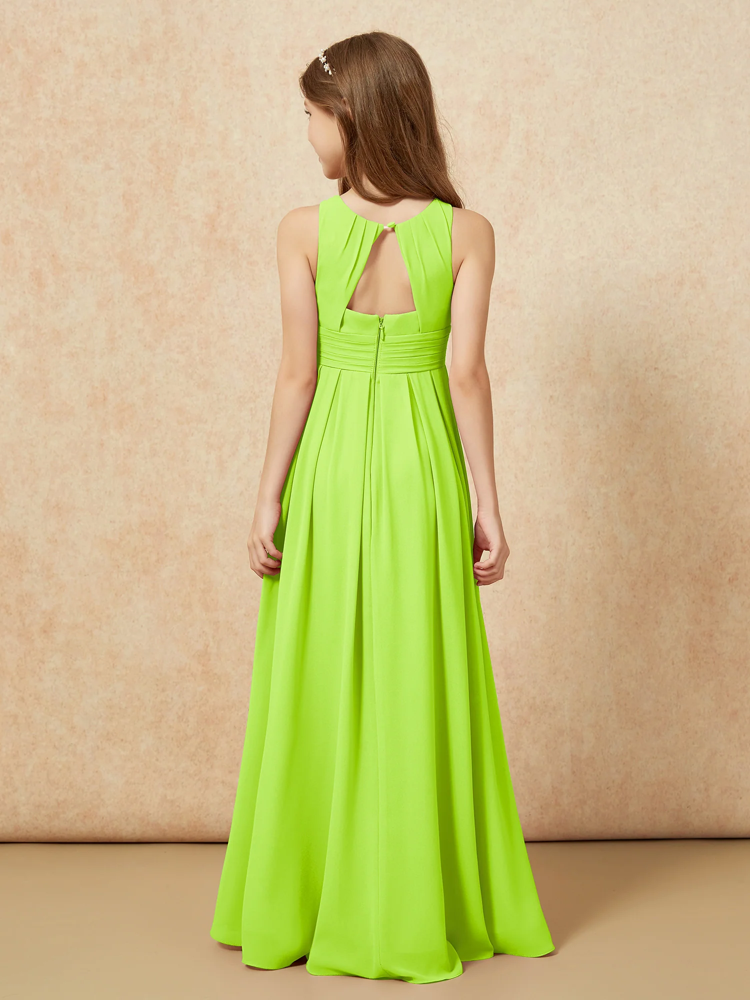 Scoop Neck Pleated Long Junior Bridesmaid Dresses Lime Green - Image 2