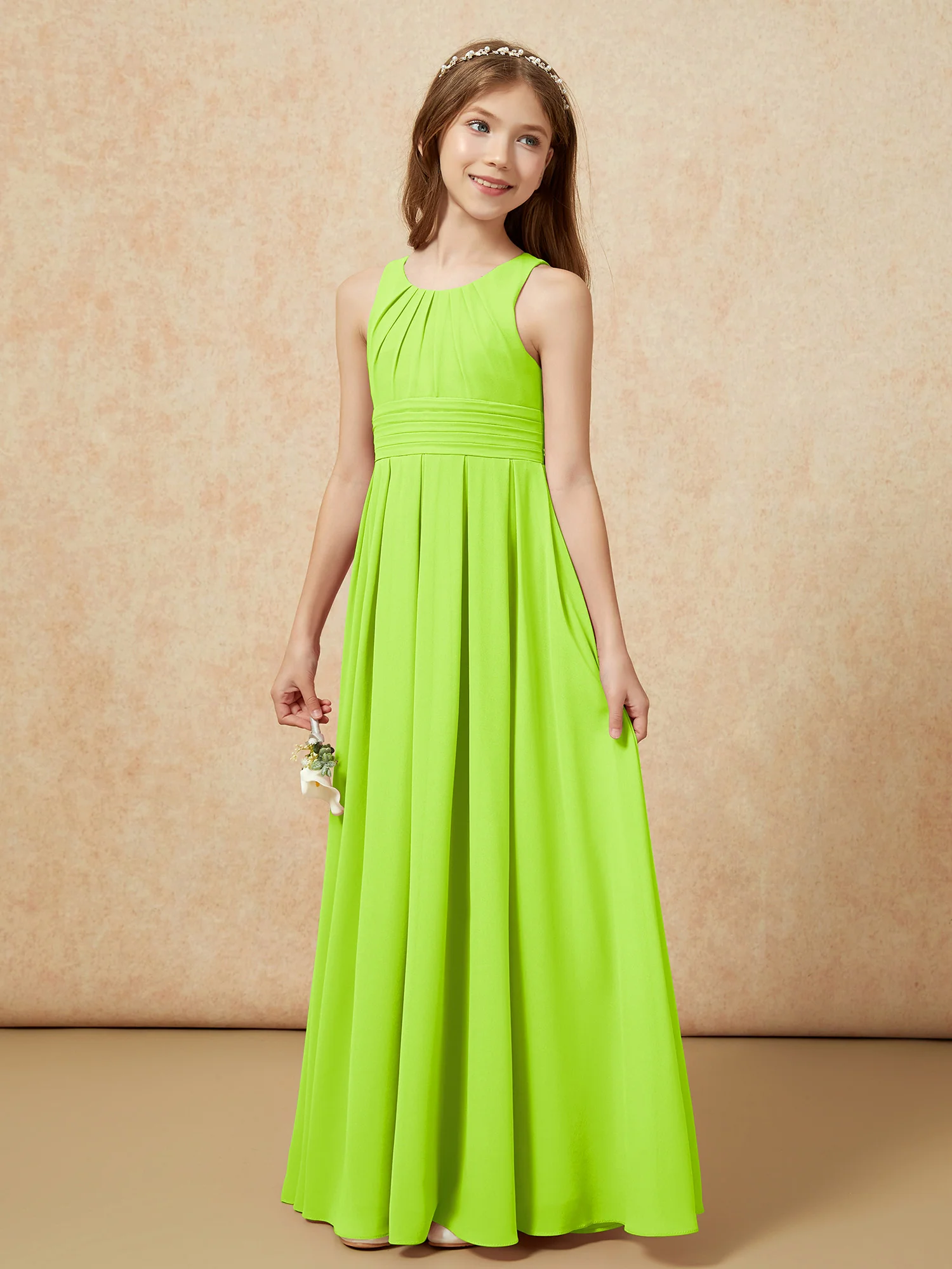 Scoop Neck Pleated Long Junior Bridesmaid Dresses Lime Green - Image 3