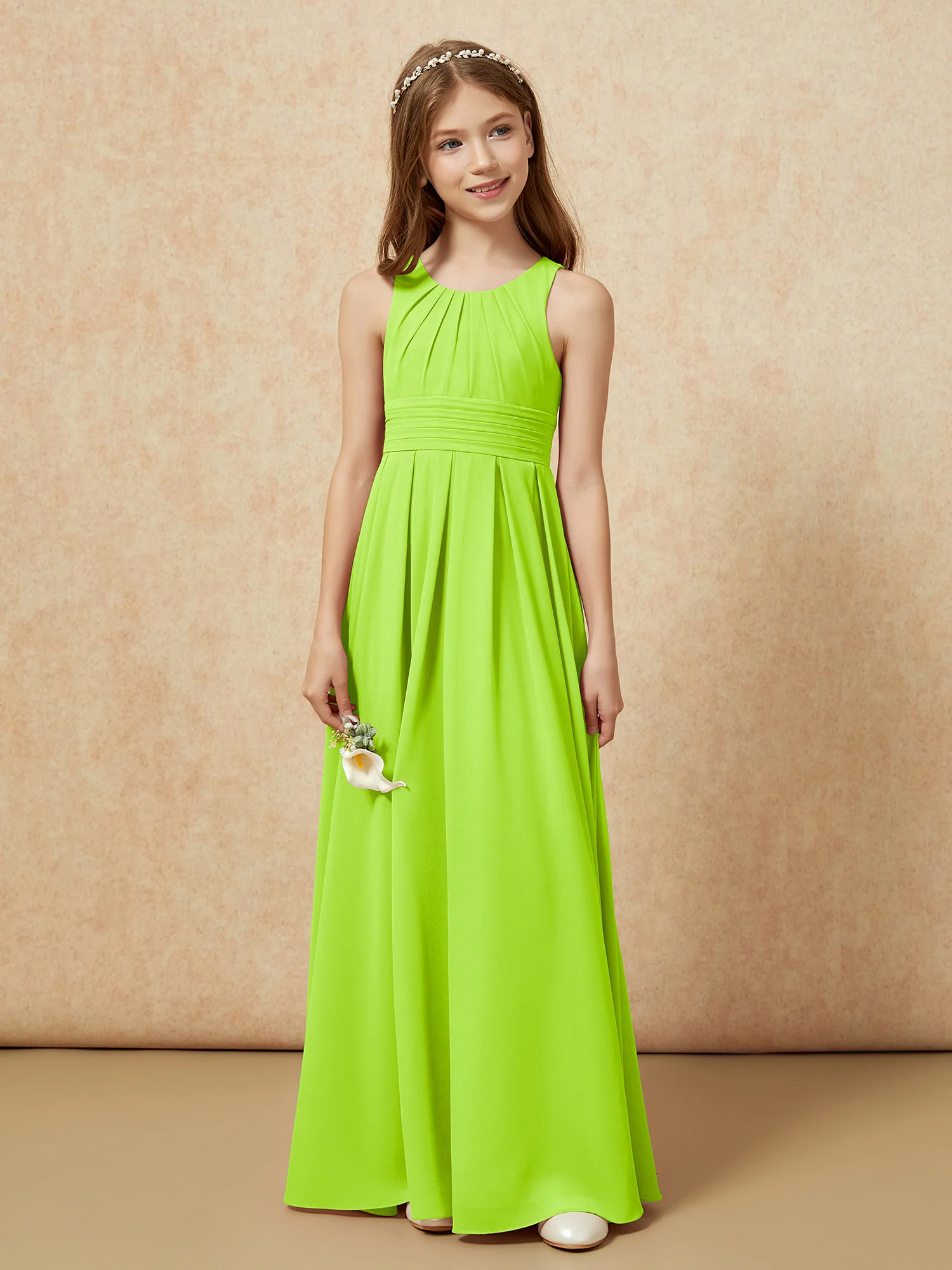 Scoop Neck Pleated Long Junior Bridesmaid Dresses Lime Green - Image 4