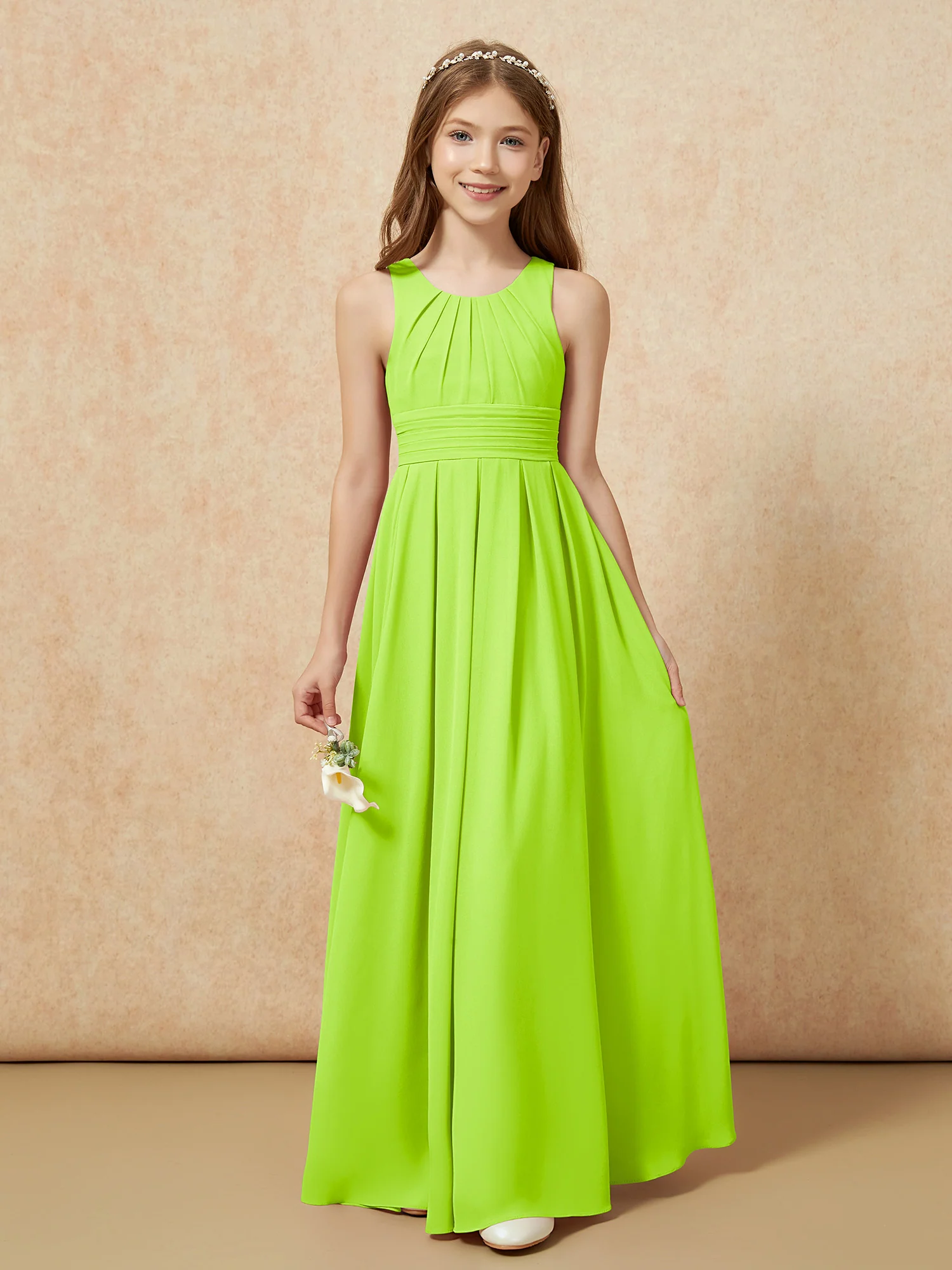 Scoop Neck Pleated Long Junior Bridesmaid Dresses Lime Green - Image 5