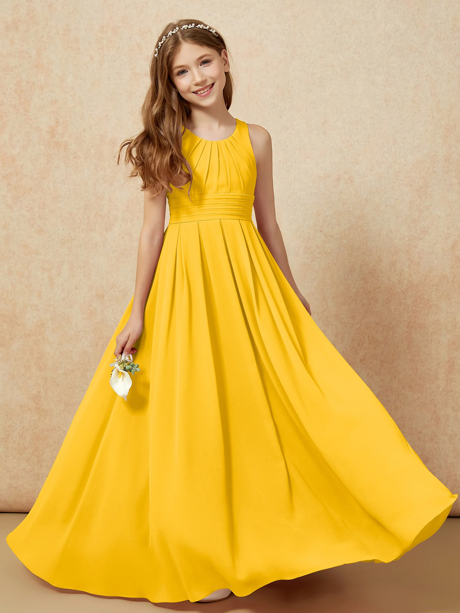 Scoop Neck Pleated Long Junior Bridesmaid Dresses Marigold