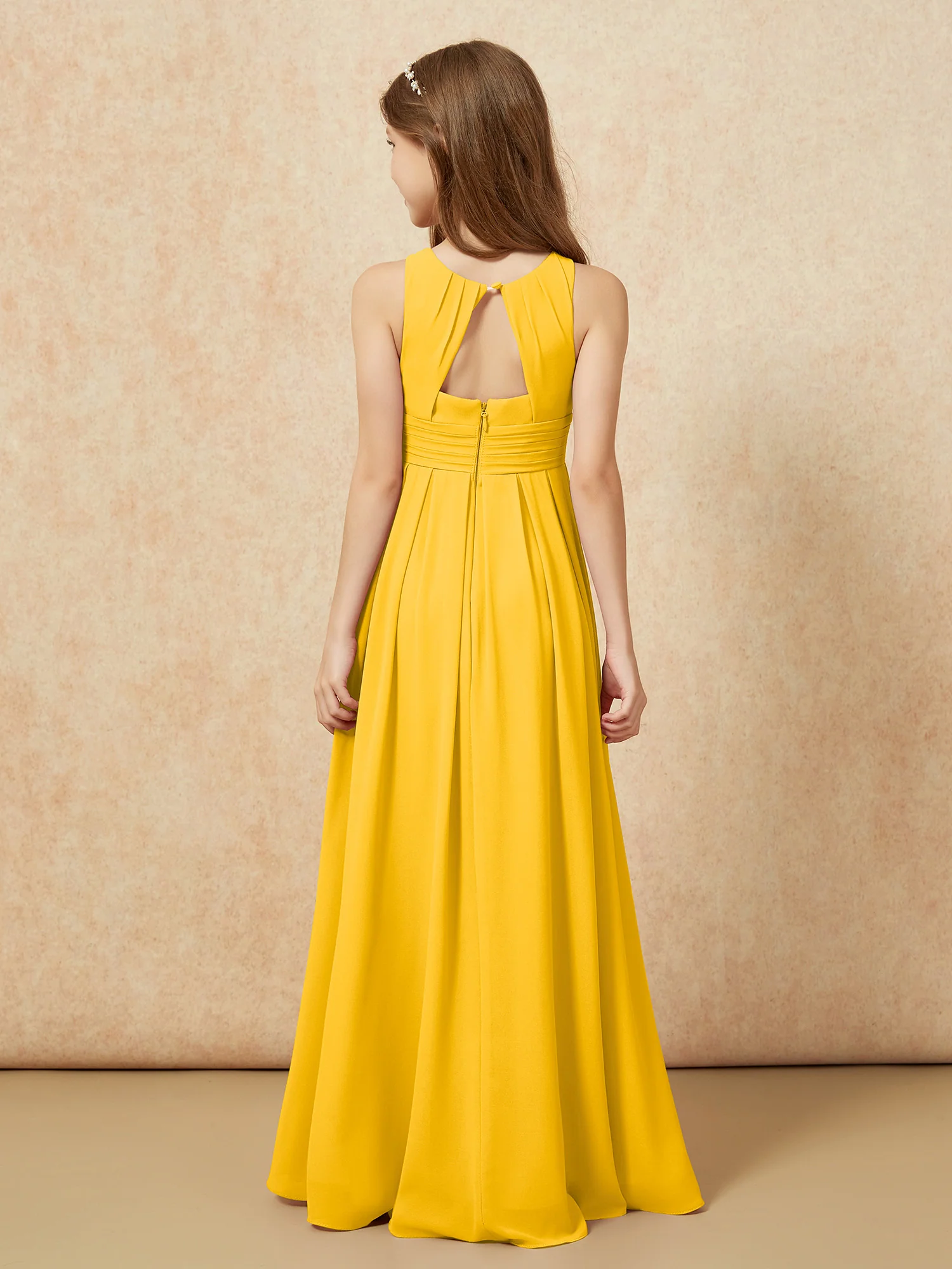 Scoop Neck Pleated Long Junior Bridesmaid Dresses Marigold - Image 2