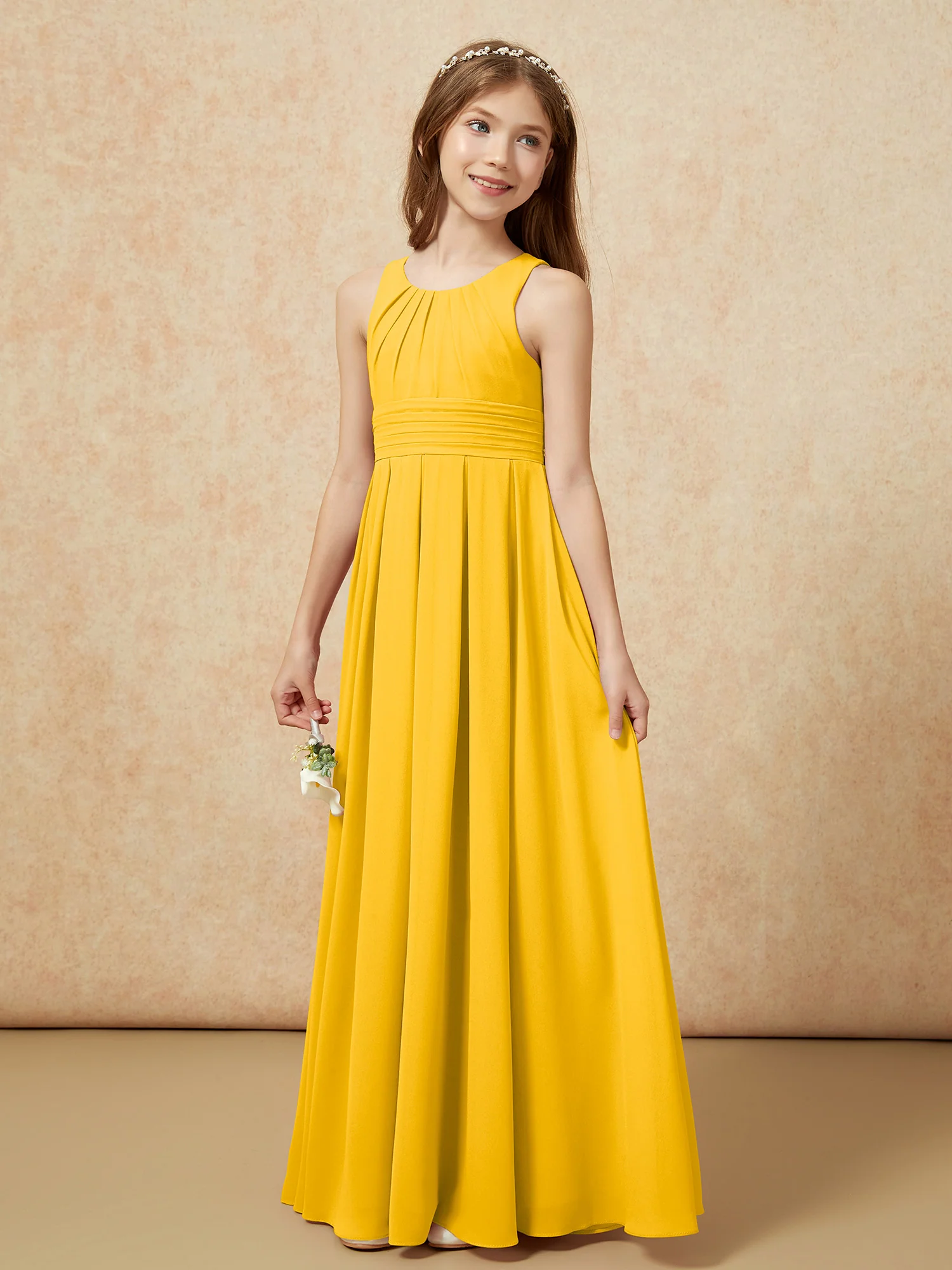 Scoop Neck Pleated Long Junior Bridesmaid Dresses Marigold - Image 3