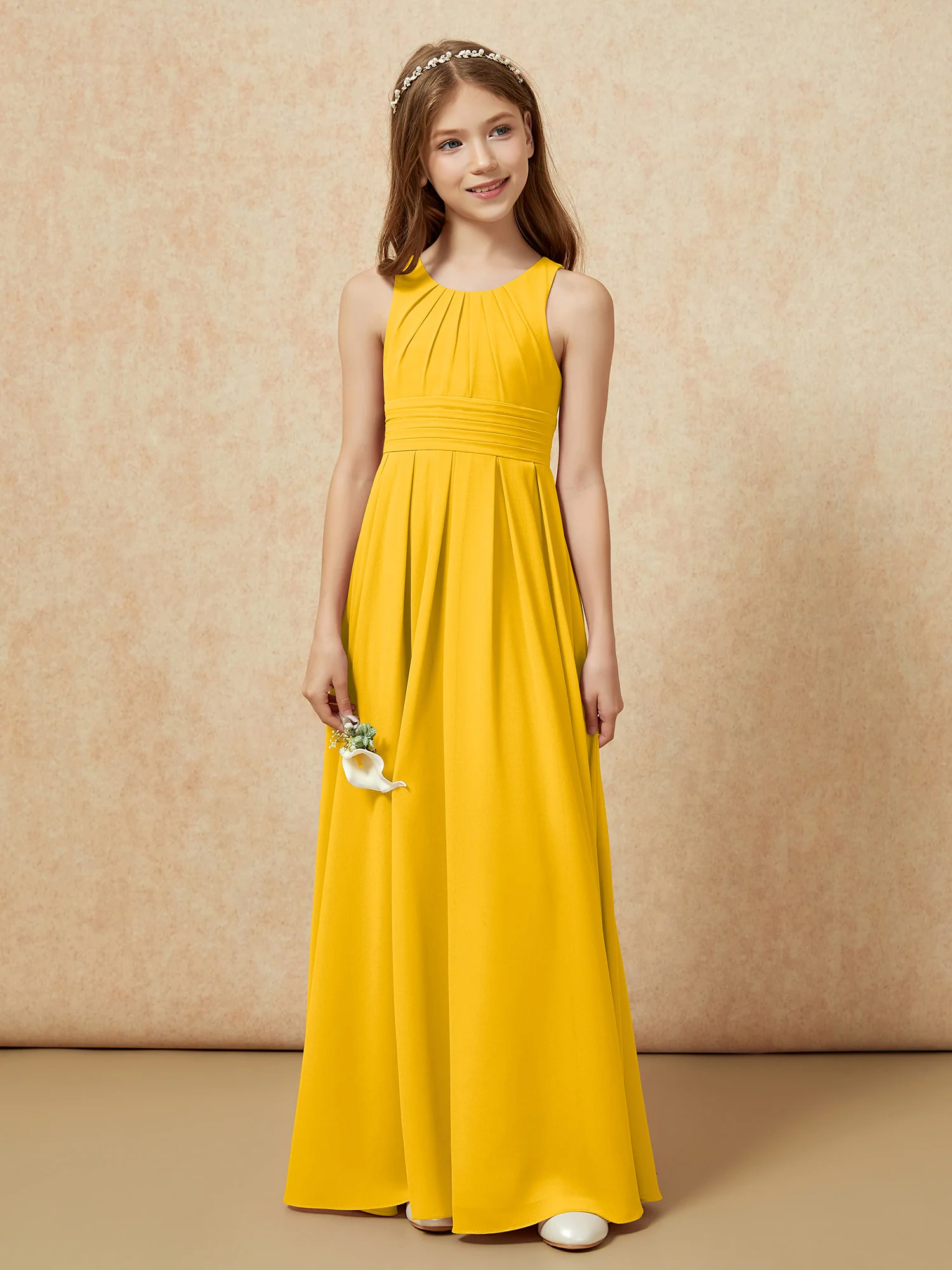 Scoop Neck Pleated Long Junior Bridesmaid Dresses Marigold - Image 4