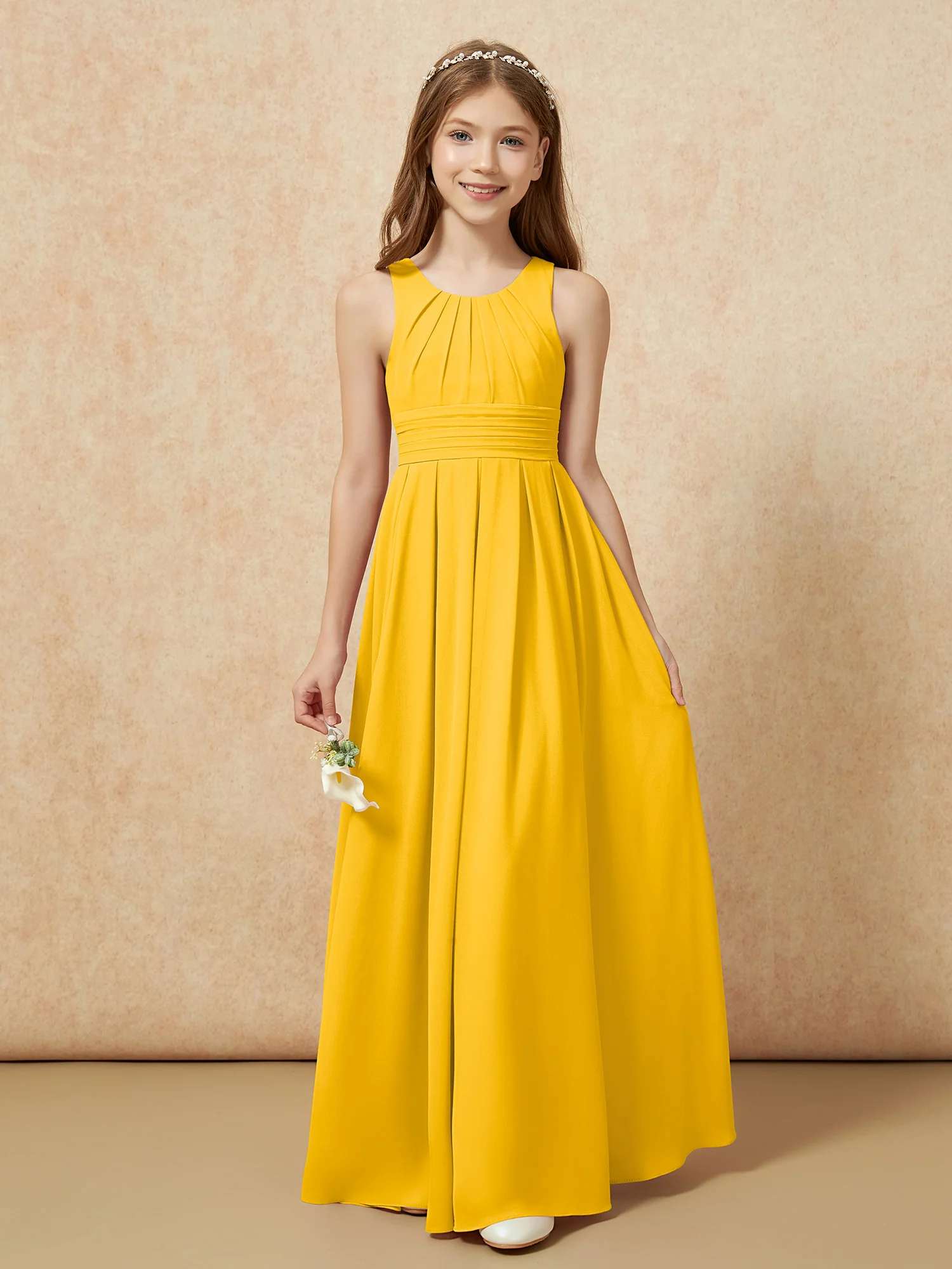 Scoop Neck Pleated Long Junior Bridesmaid Dresses Marigold - Image 5