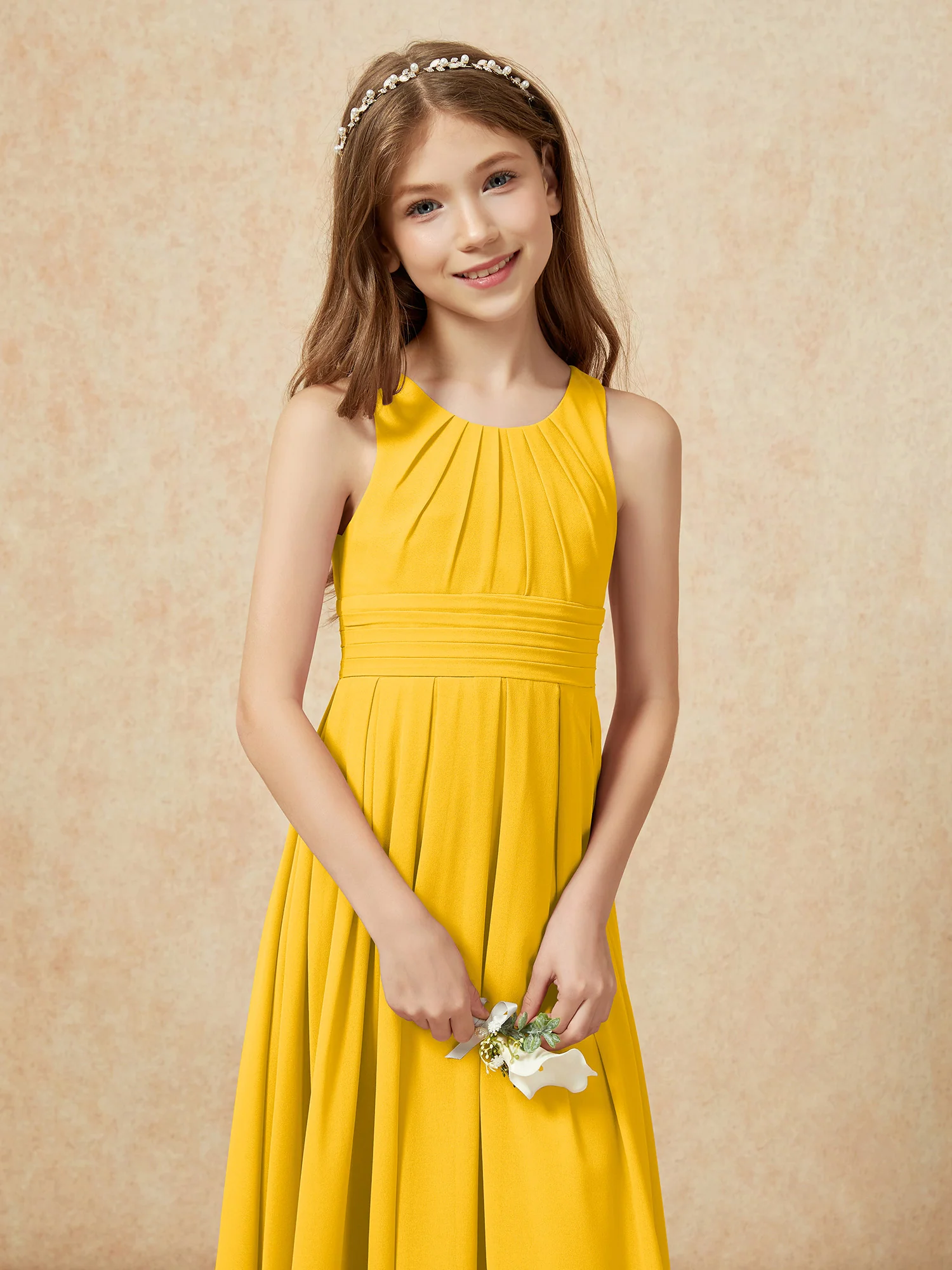 Scoop Neck Pleated Long Junior Bridesmaid Dresses Marigold - Image 6