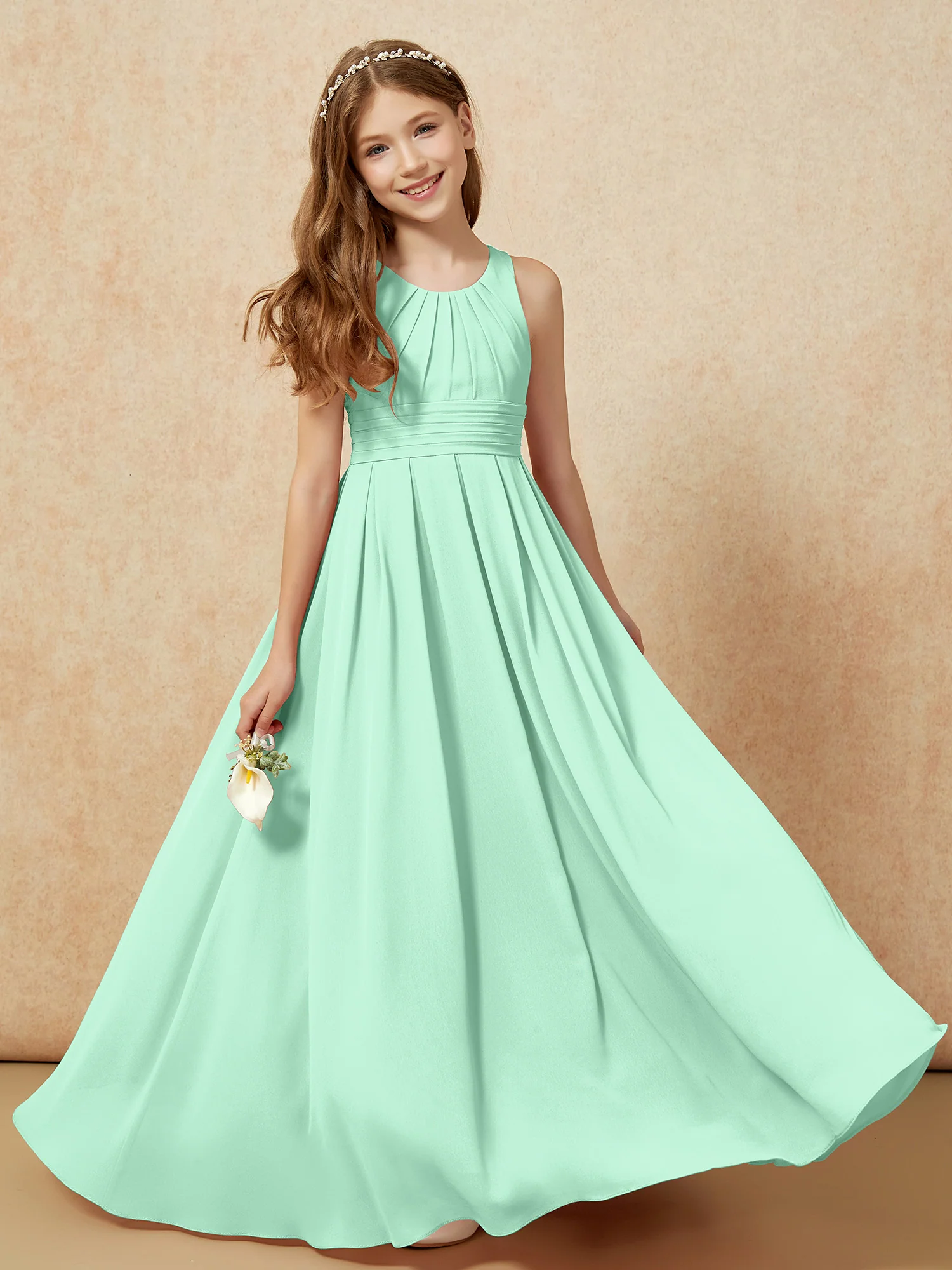 Scoop Neck Pleated Long Junior Bridesmaid Dresses Mint Green