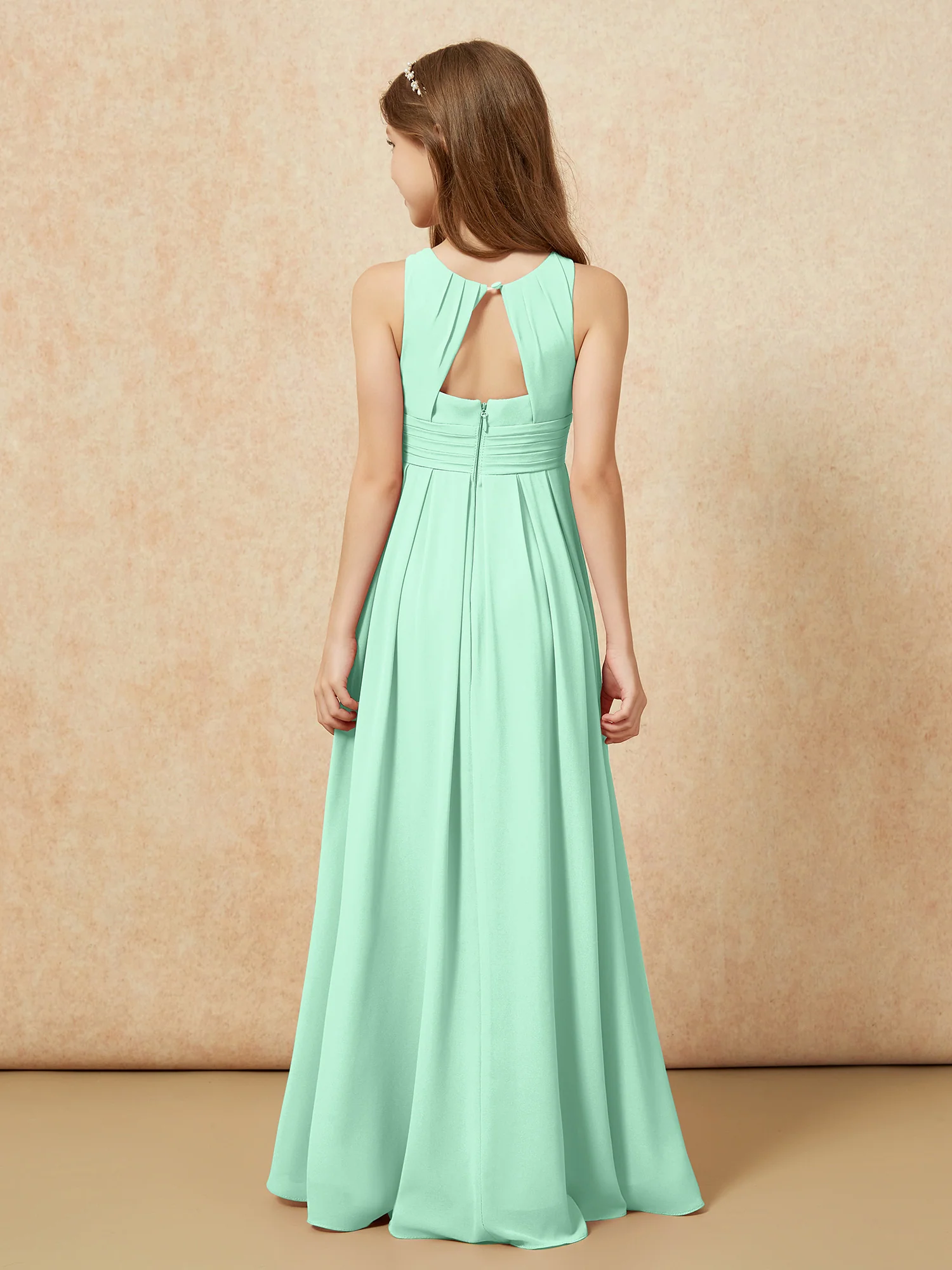 Scoop Neck Pleated Long Junior Bridesmaid Dresses Mint Green - Image 2
