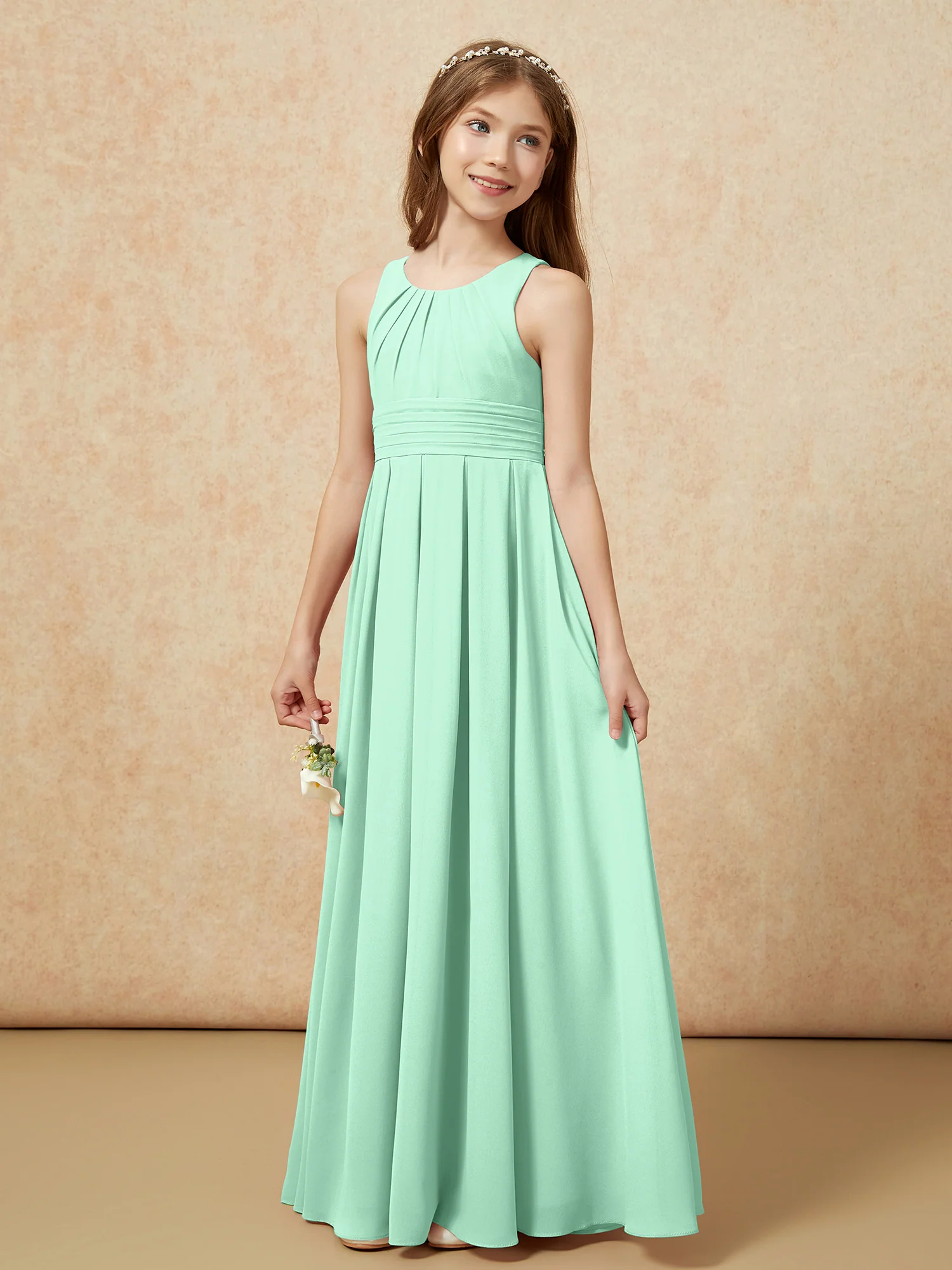 Scoop Neck Pleated Long Junior Bridesmaid Dresses Mint Green - Image 3