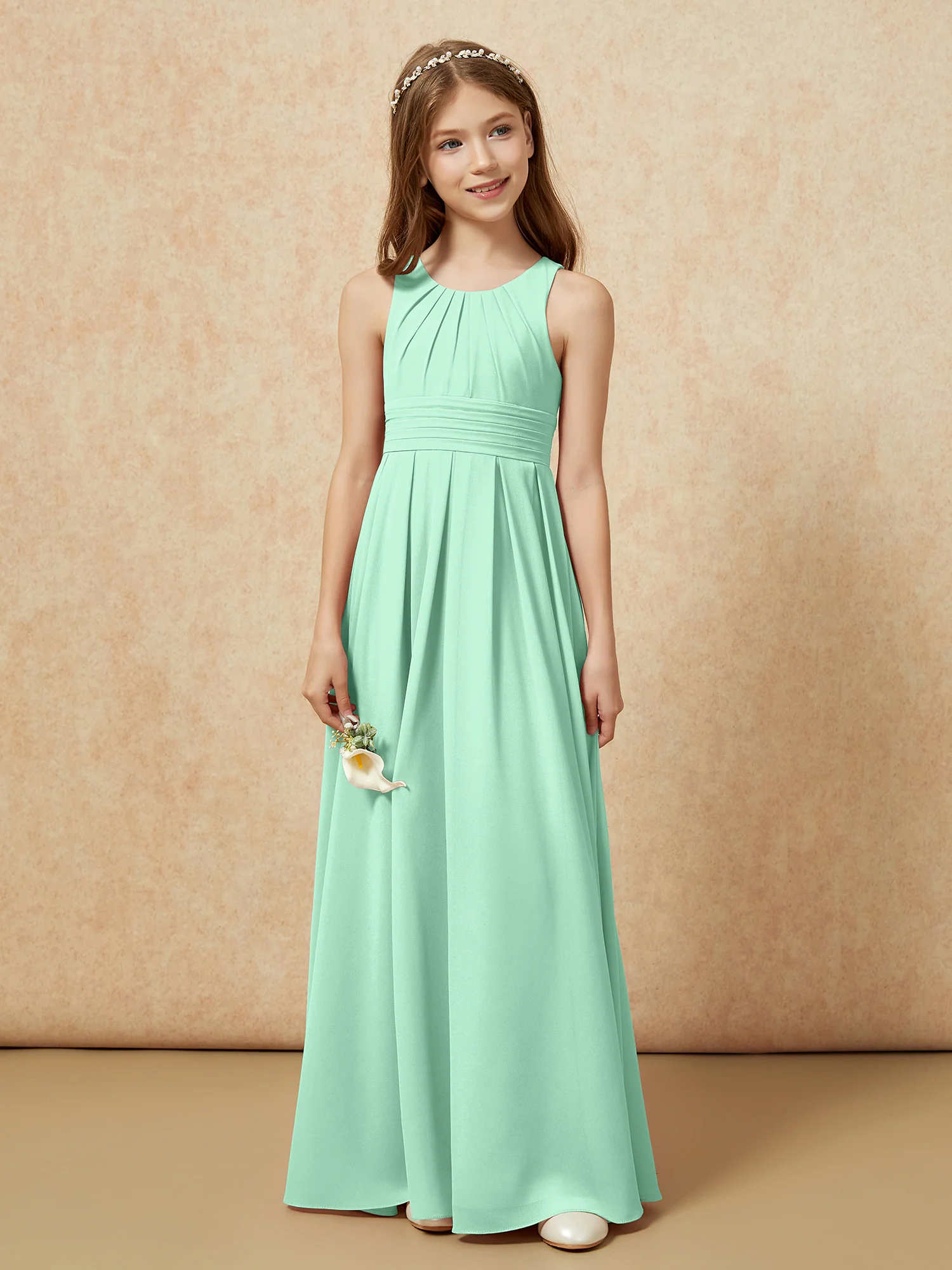 Scoop Neck Pleated Long Junior Bridesmaid Dresses Mint Green - Image 4