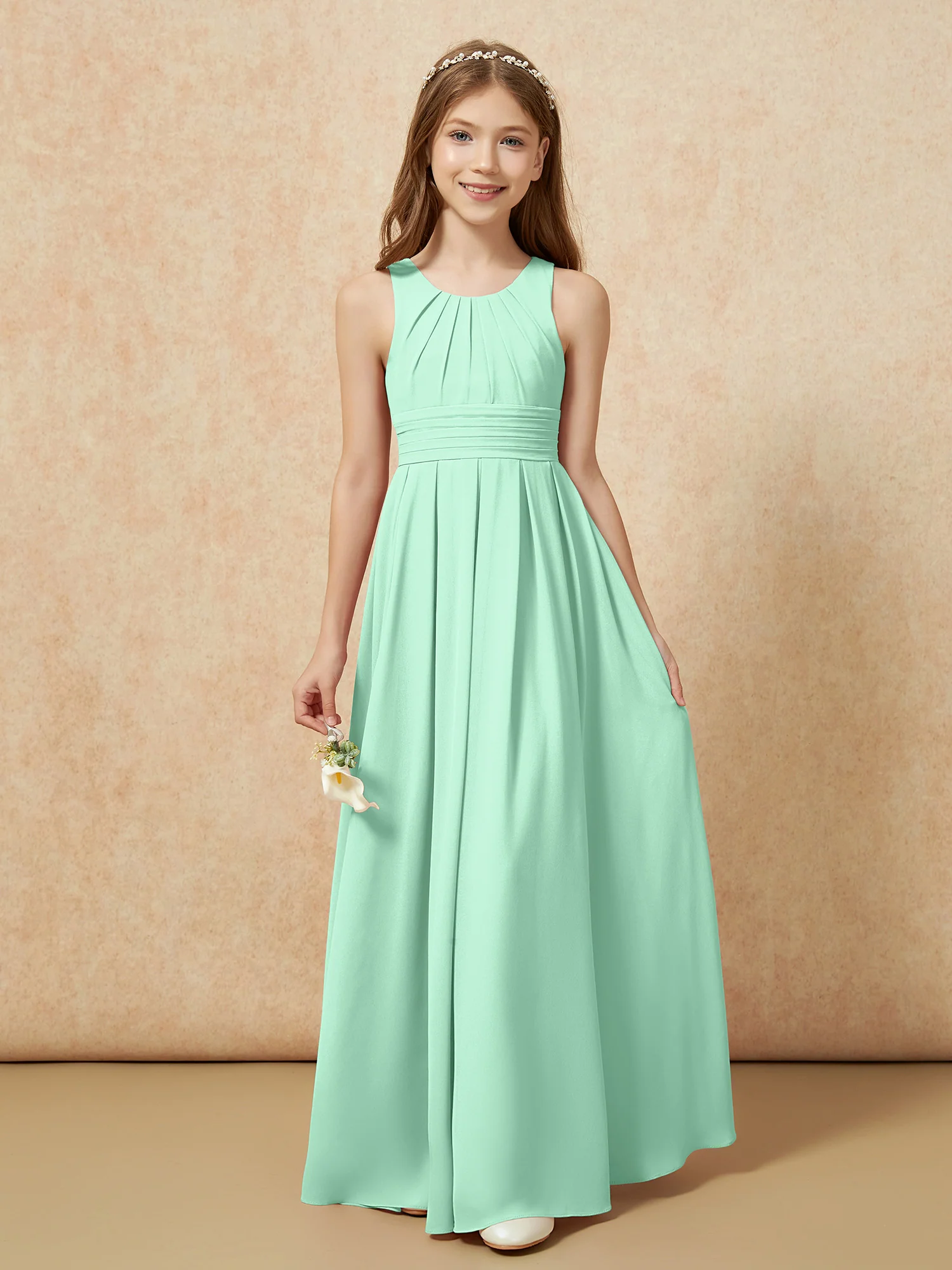 Scoop Neck Pleated Long Junior Bridesmaid Dresses Mint Green - Image 5