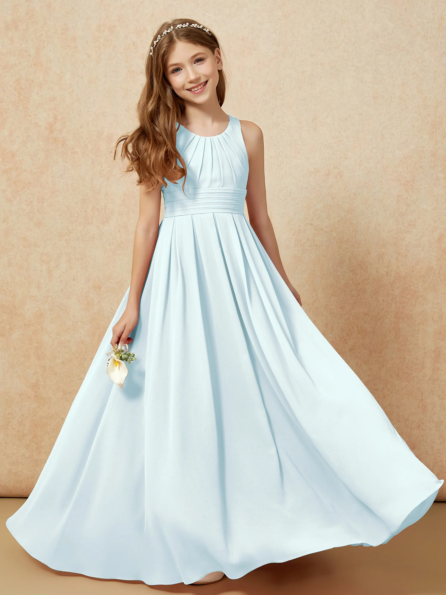Scoop Neck Pleated Long Junior Bridesmaid Dresses Mist