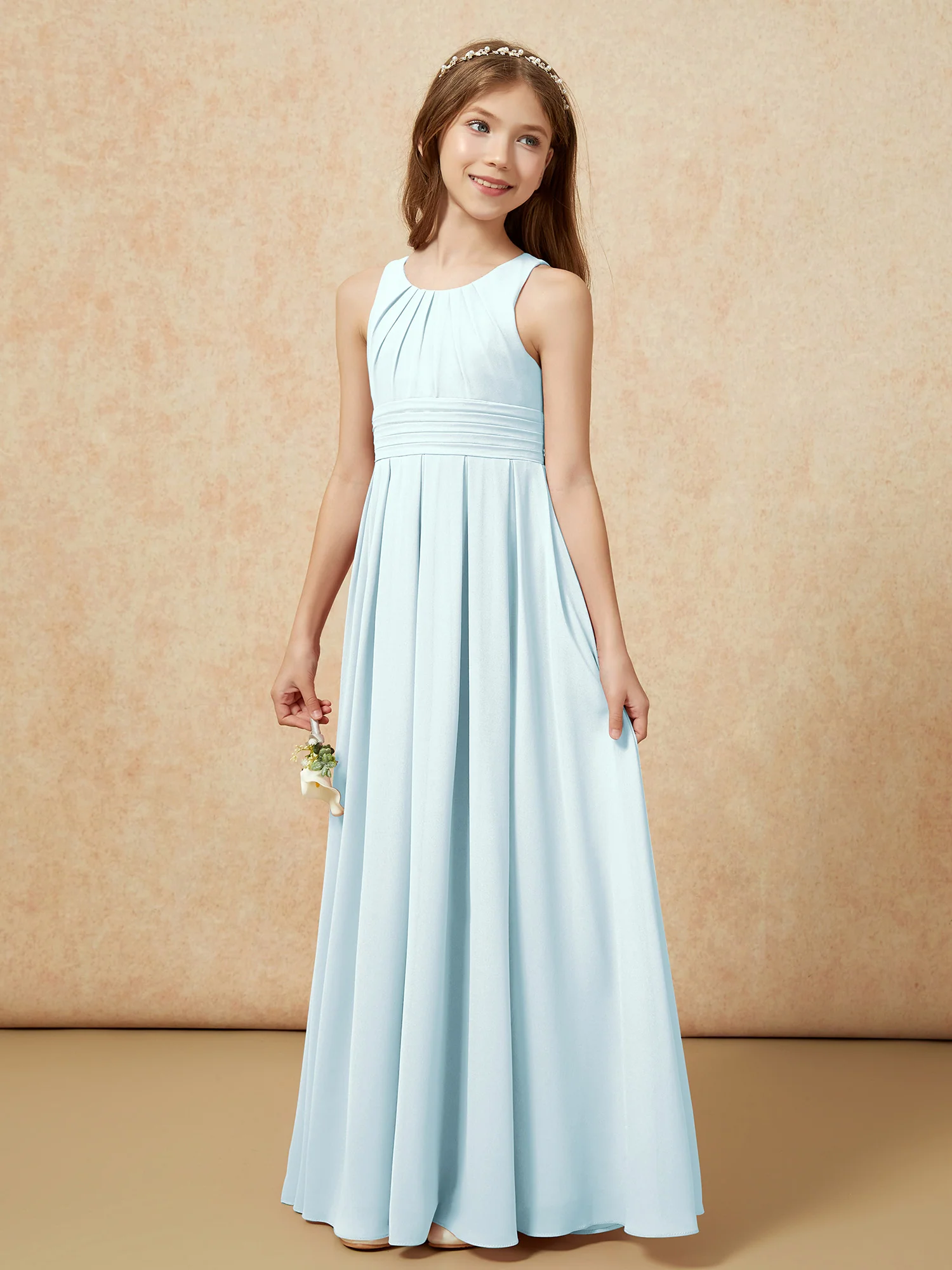 Scoop Neck Pleated Long Junior Bridesmaid Dresses Mist - Image 3