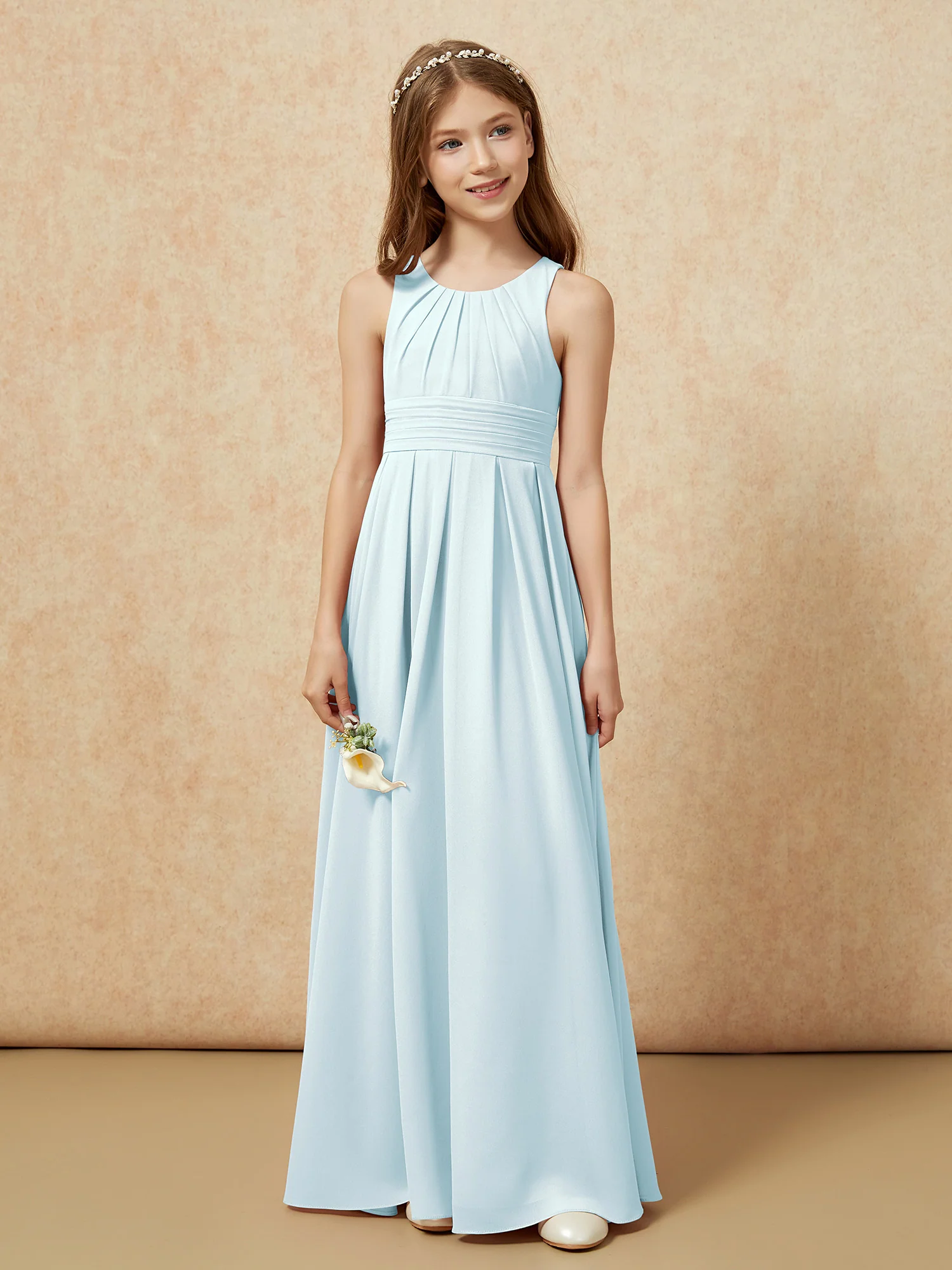 Scoop Neck Pleated Long Junior Bridesmaid Dresses Mist - Image 4