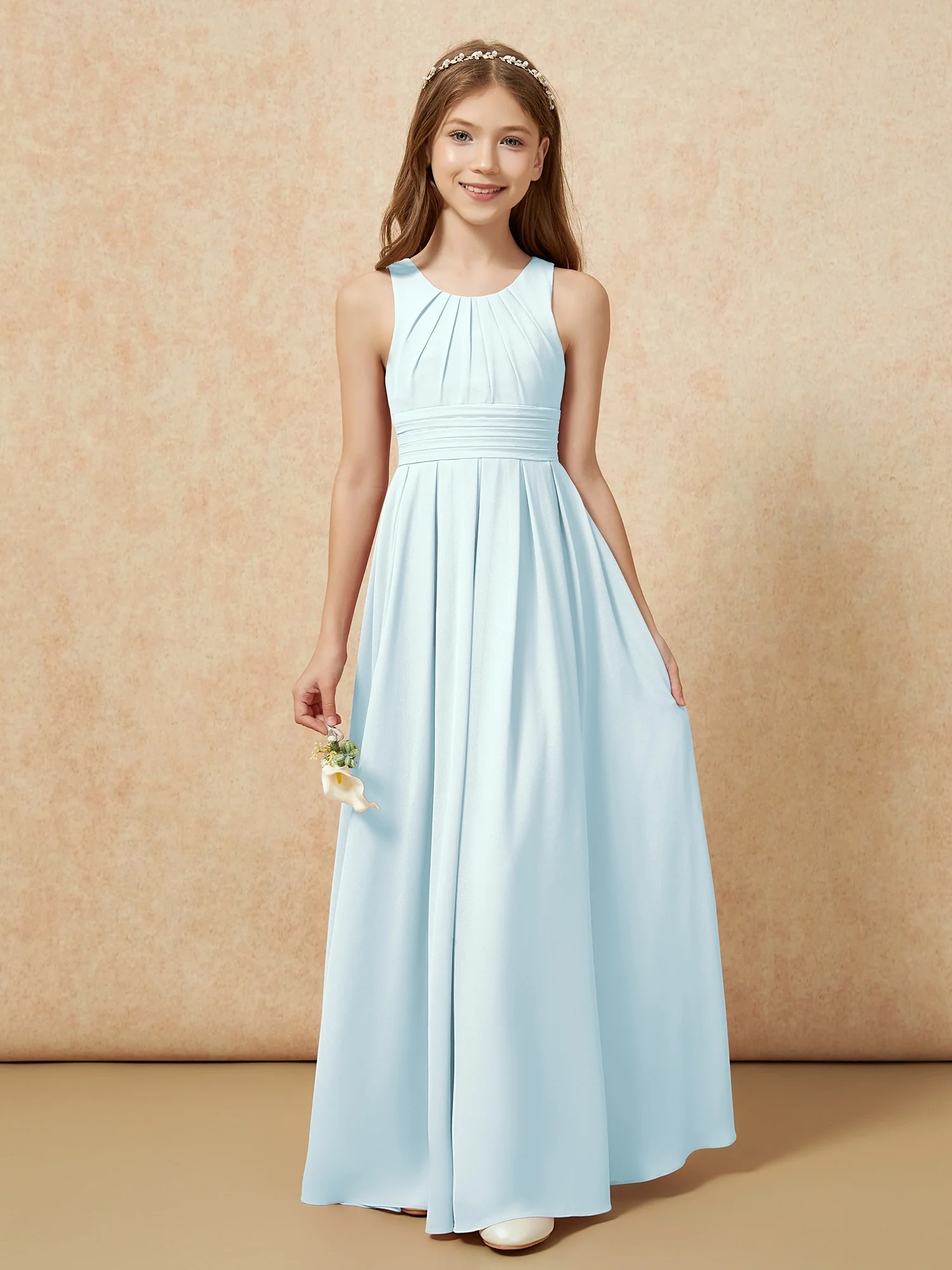 Scoop Neck Pleated Long Junior Bridesmaid Dresses Mist - Image 5