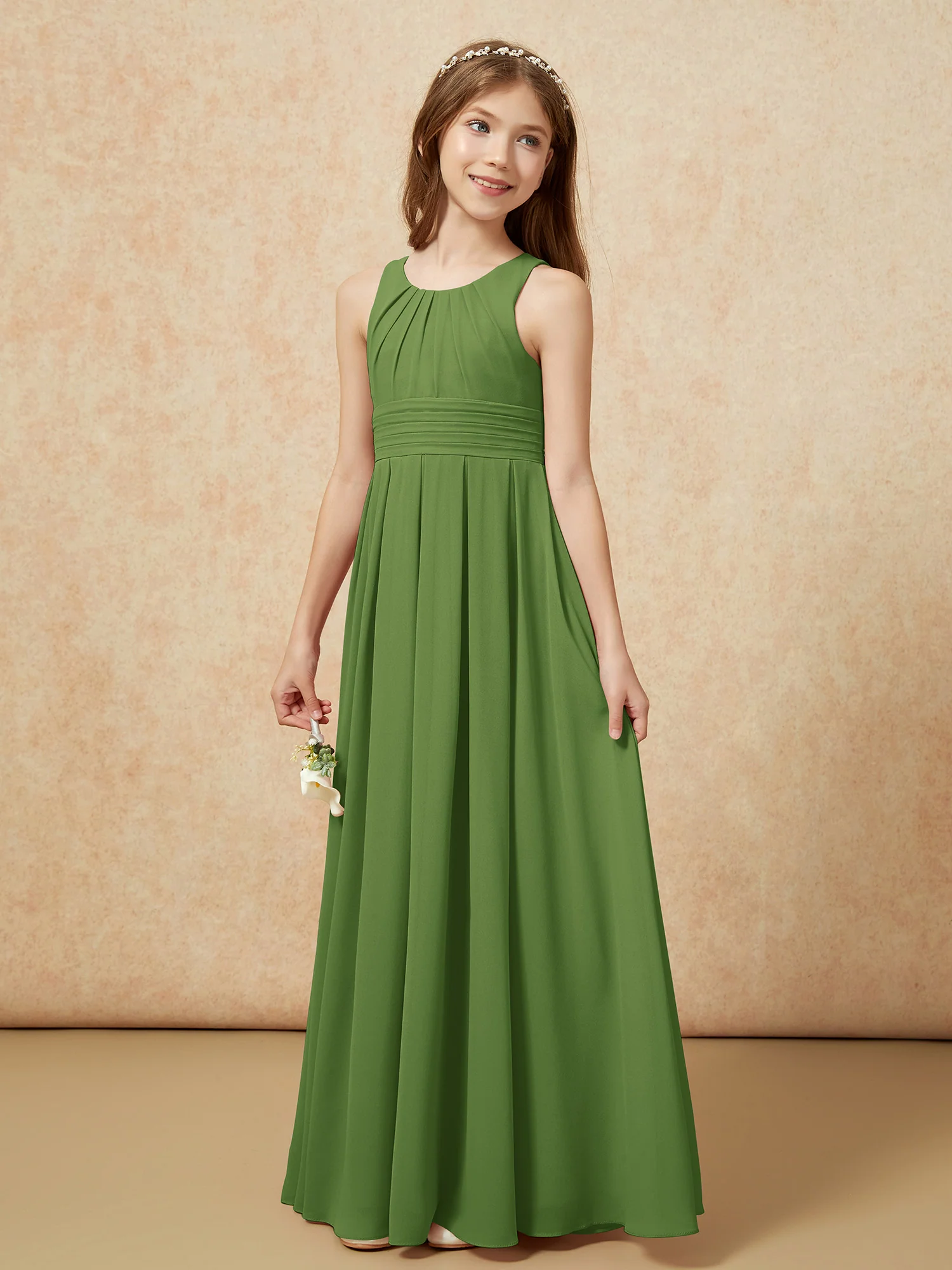 Scoop Neck Pleated Long Junior Bridesmaid Dresses Moss - Image 3