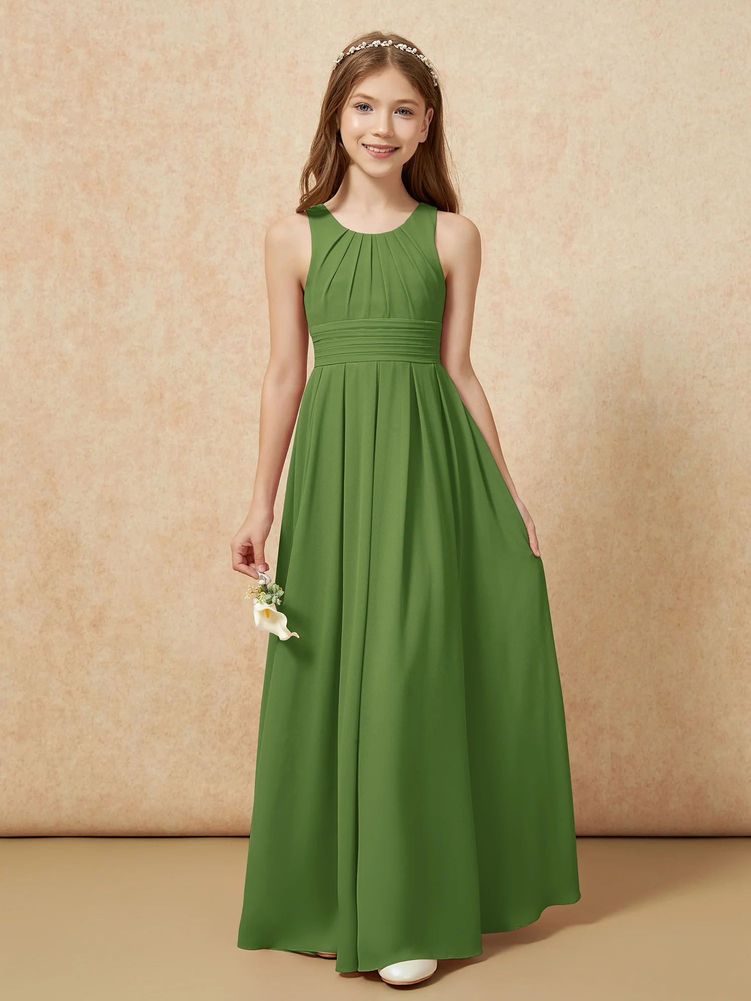 Scoop Neck Pleated Long Junior Bridesmaid Dresses Moss - Image 5