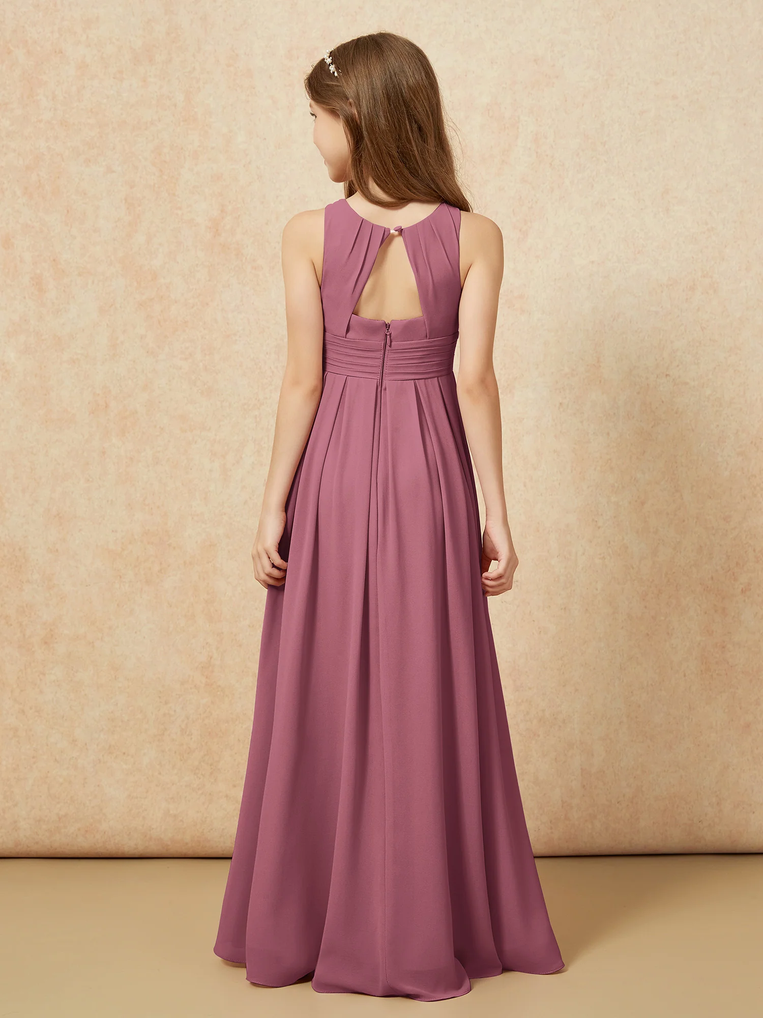 Scoop Neck Pleated Long Junior Bridesmaid Dresses Mulberry - Image 2