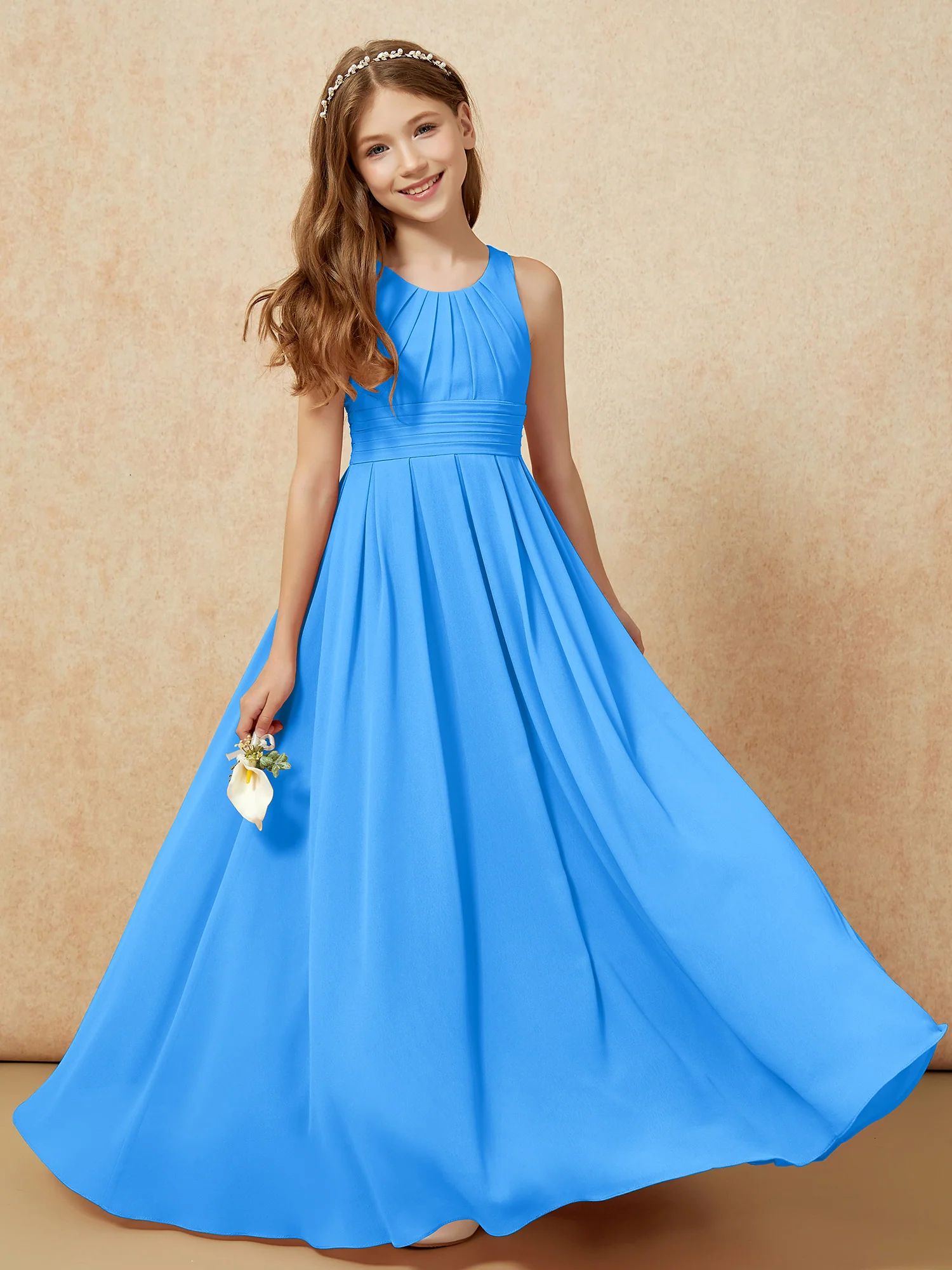 Scoop Neck Pleated Long Junior Bridesmaid Dresses Ocean Blue