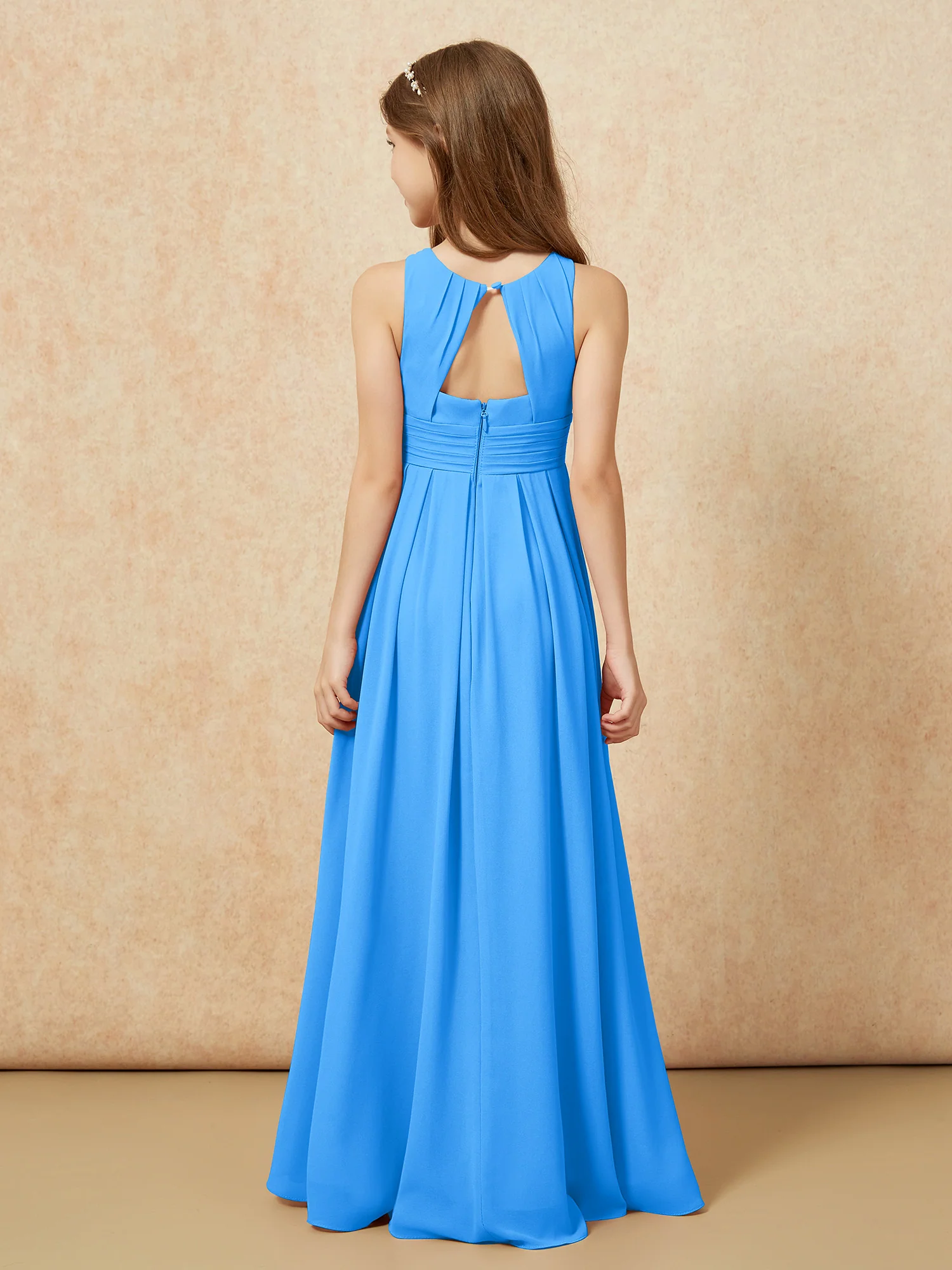 Scoop Neck Pleated Long Junior Bridesmaid Dresses Ocean Blue - Image 2