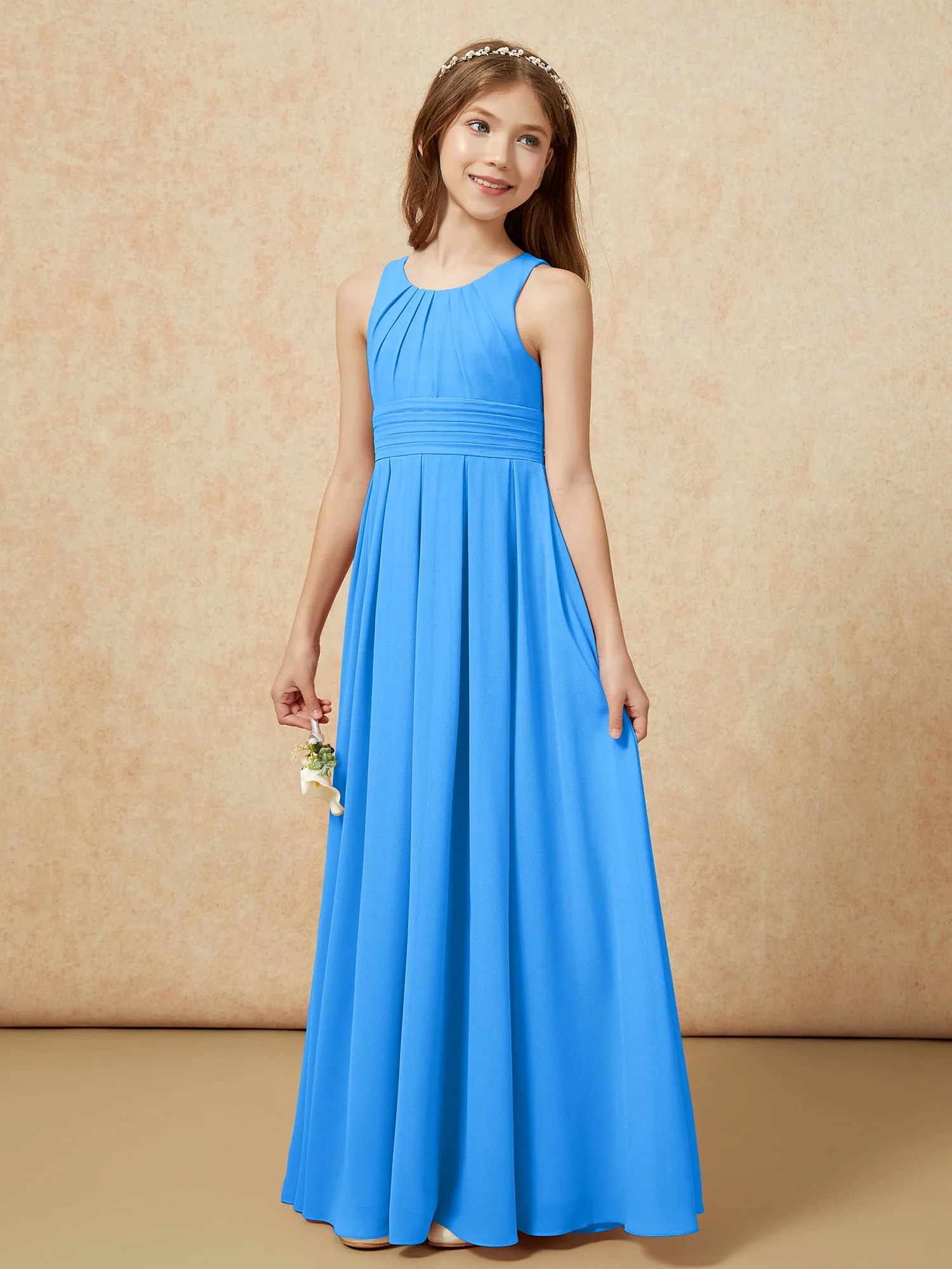 Scoop Neck Pleated Long Junior Bridesmaid Dresses Ocean Blue - Image 3