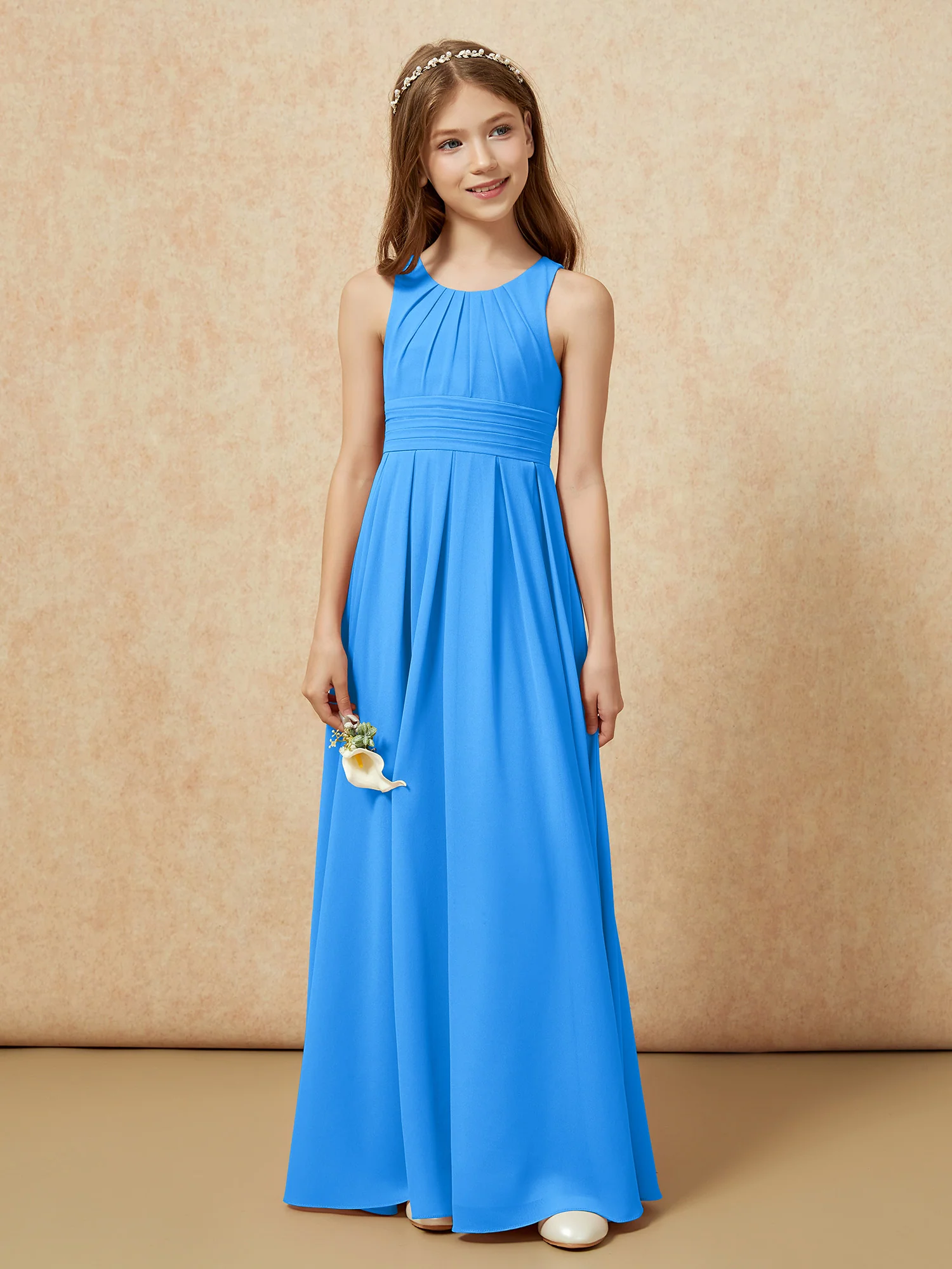 Scoop Neck Pleated Long Junior Bridesmaid Dresses Ocean Blue - Image 4
