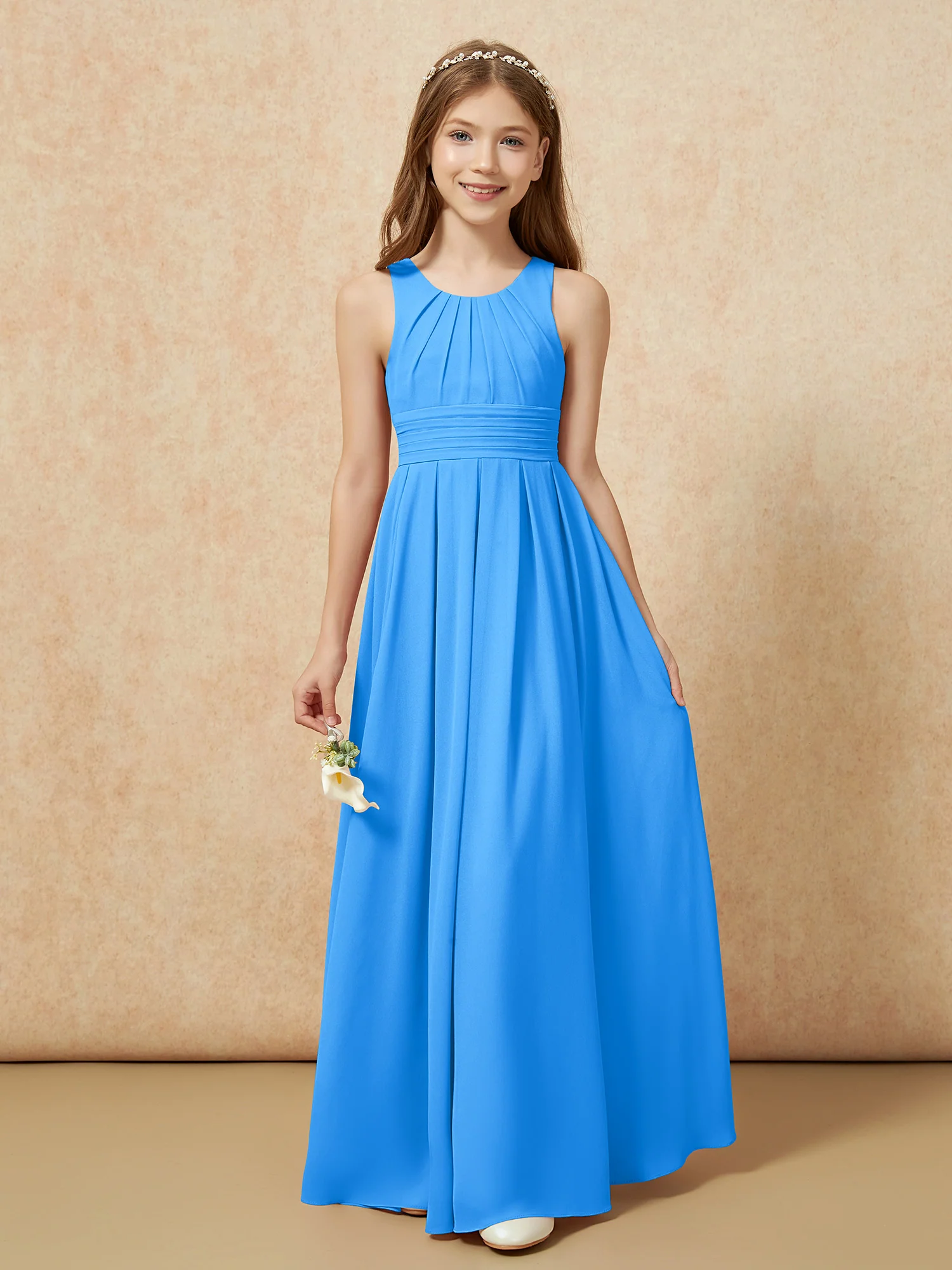 Scoop Neck Pleated Long Junior Bridesmaid Dresses Ocean Blue - Image 5