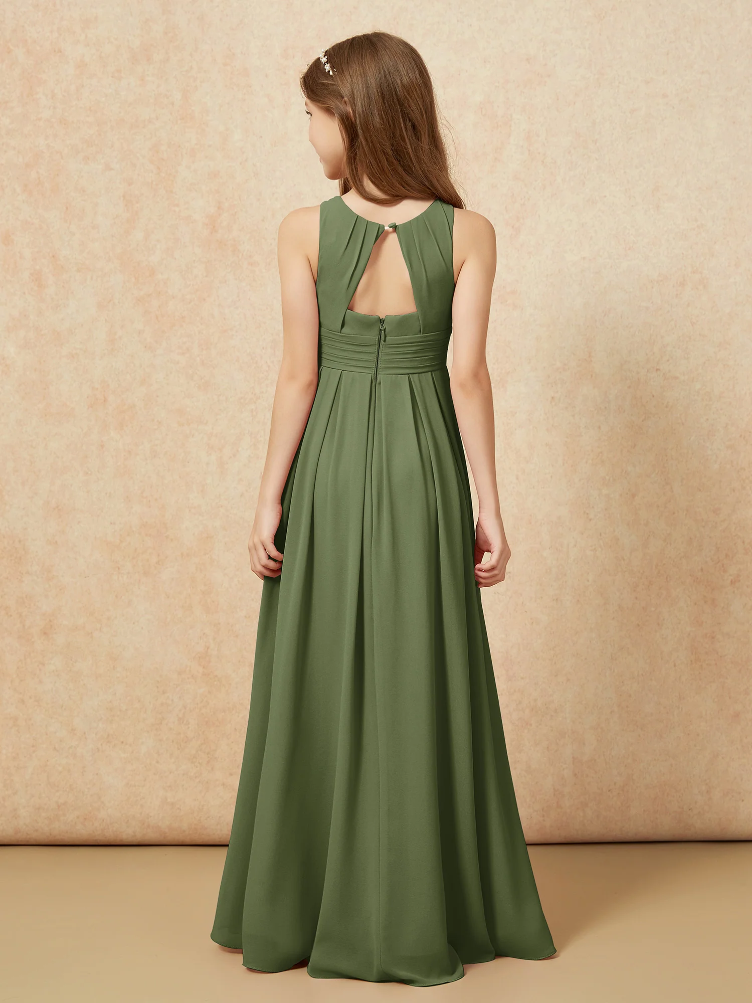 Scoop Neck Pleated Long Junior Bridesmaid Dresses Olive Green - Image 2