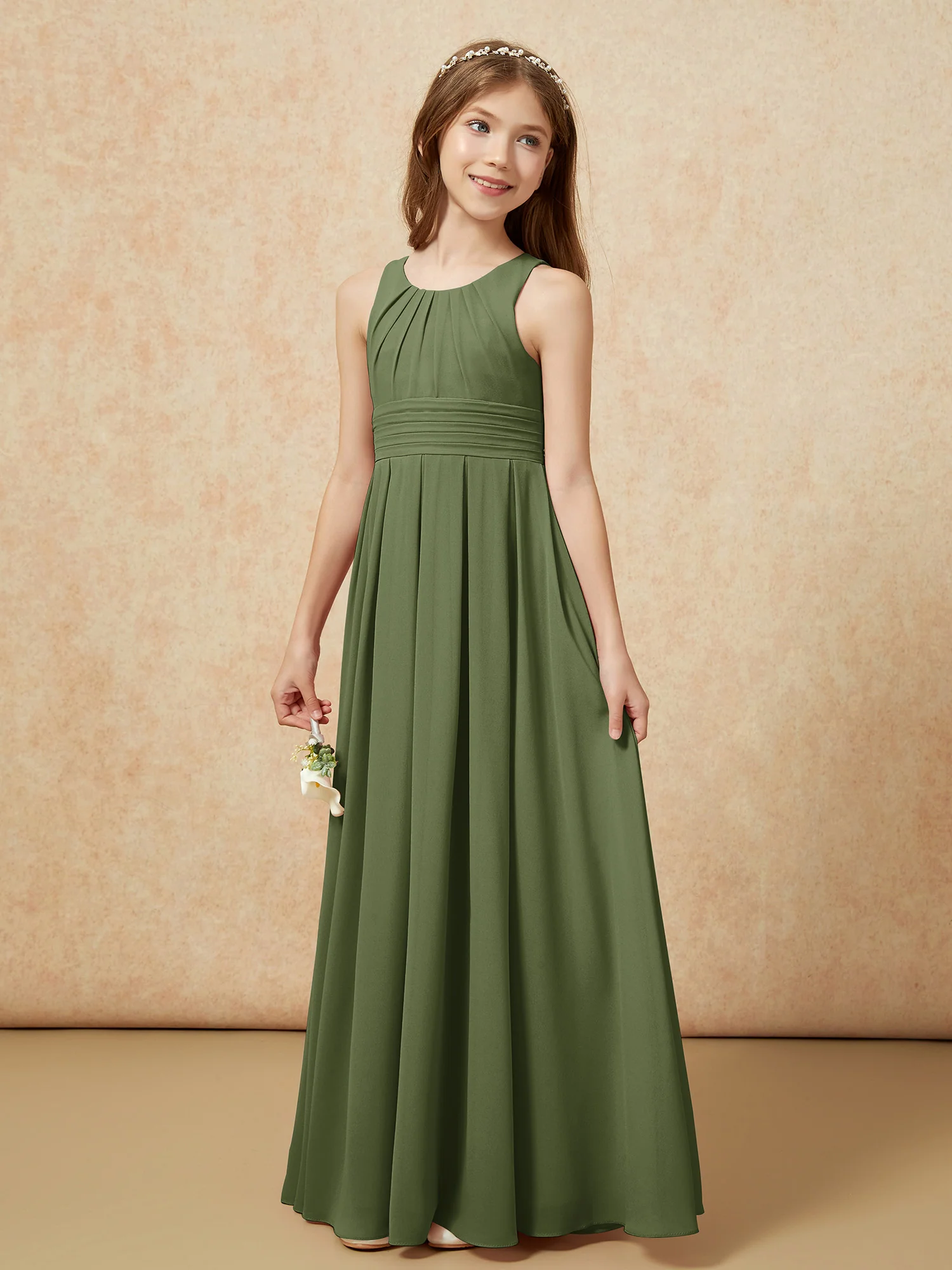 Scoop Neck Pleated Long Junior Bridesmaid Dresses Olive Green - Image 3