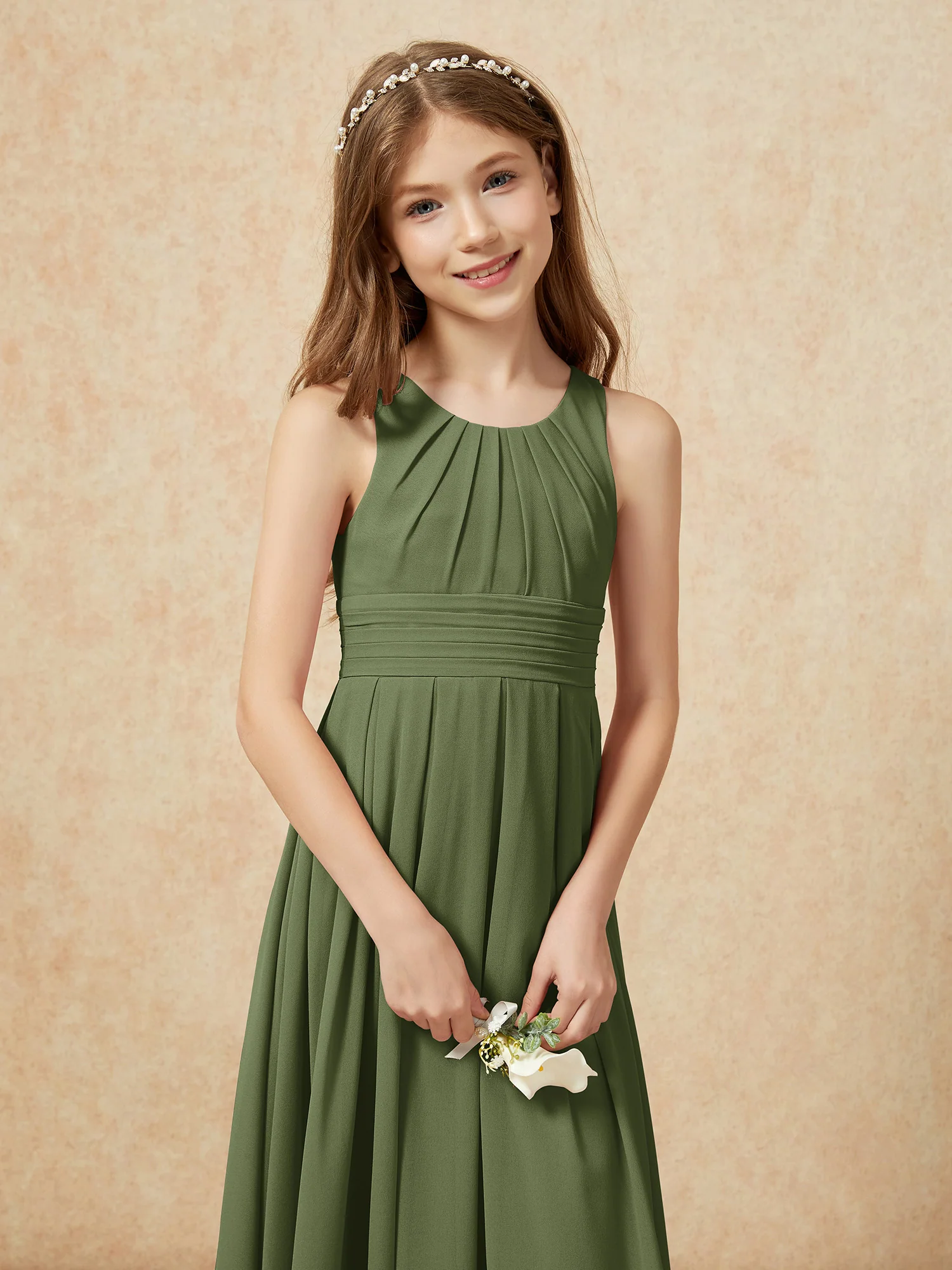 Scoop Neck Pleated Long Junior Bridesmaid Dresses Olive Green - Image 6