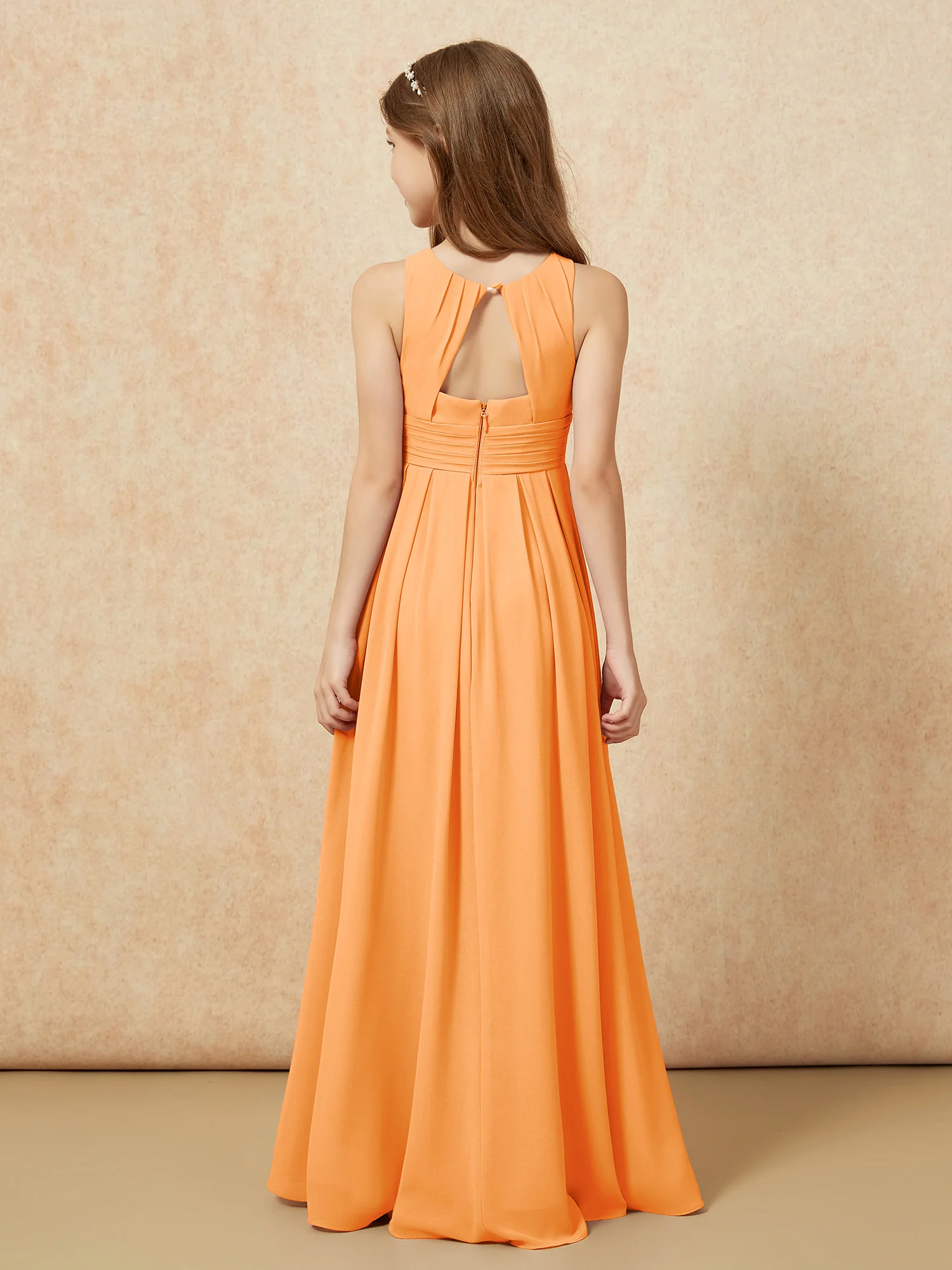 Scoop Neck Pleated Long Junior Bridesmaid Dresses Orange - Image 2