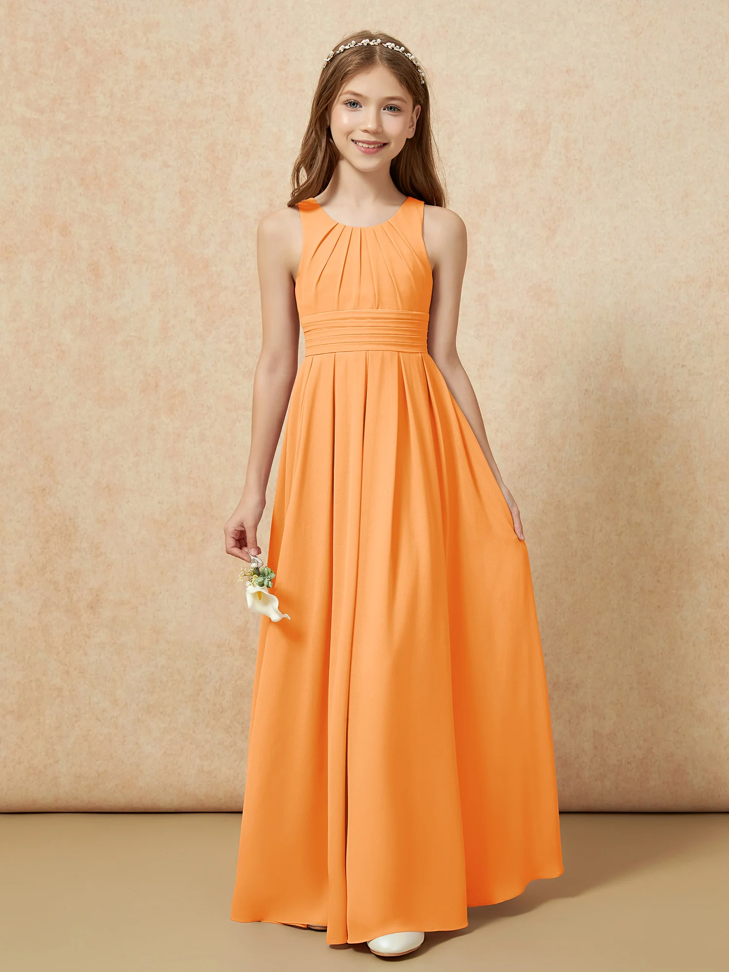 Scoop Neck Pleated Long Junior Bridesmaid Dresses Orange - Image 5