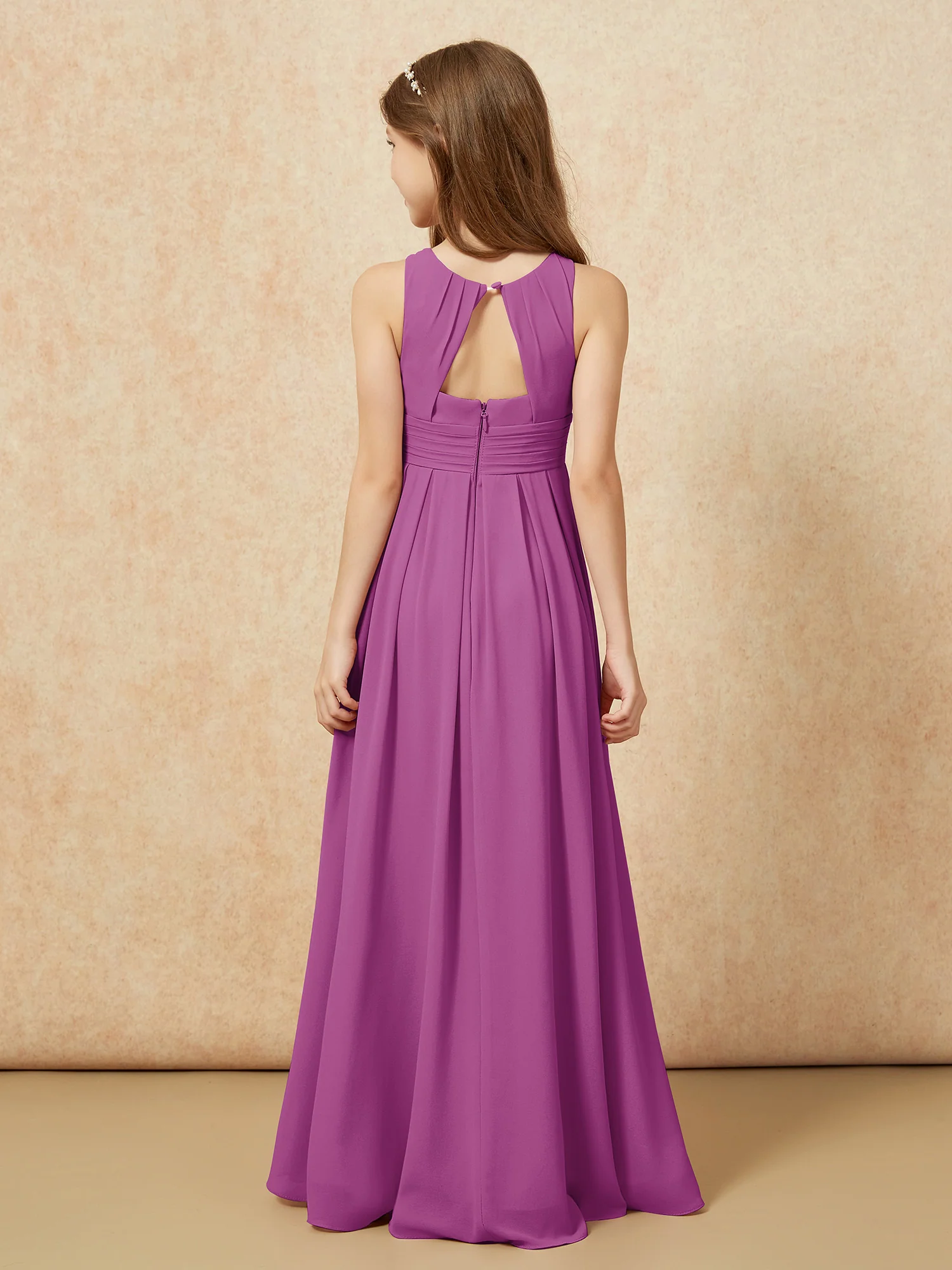 Scoop Neck Pleated Long Junior Bridesmaid Dresses Orchid - Image 2