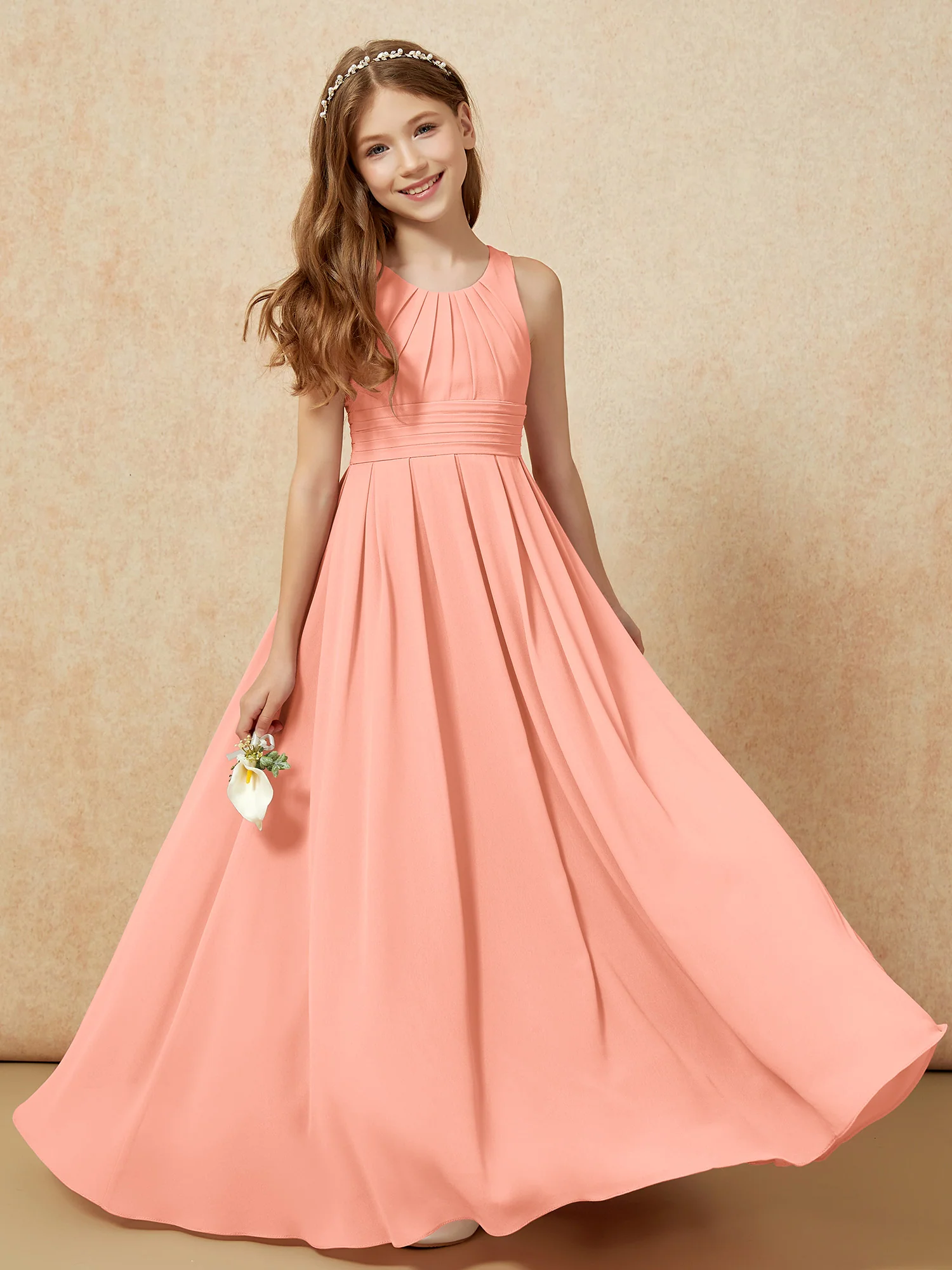 Scoop Neck Pleated Long Junior Bridesmaid Dresses Papaya