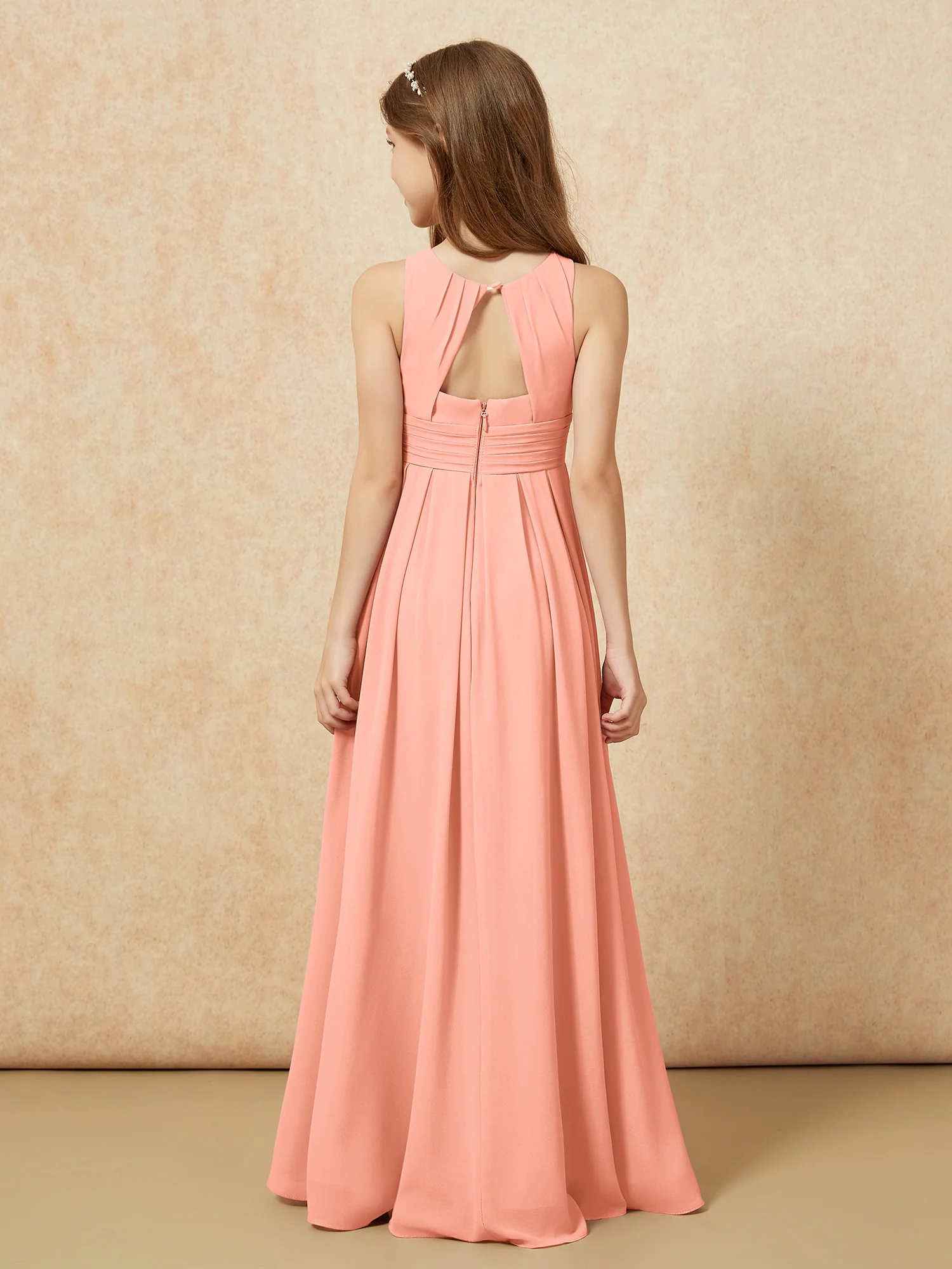 Scoop Neck Pleated Long Junior Bridesmaid Dresses Papaya - Image 2
