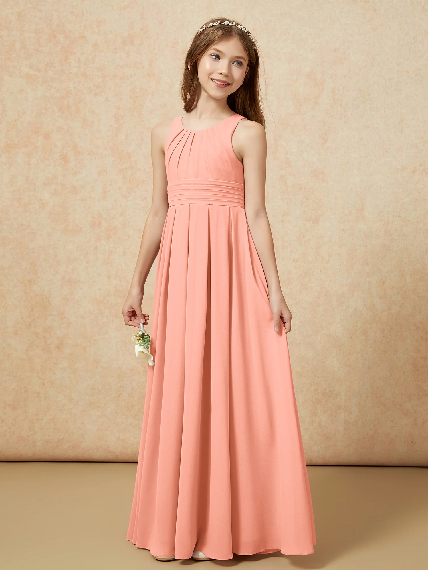 Scoop Neck Pleated Long Junior Bridesmaid Dresses Papaya - Image 3
