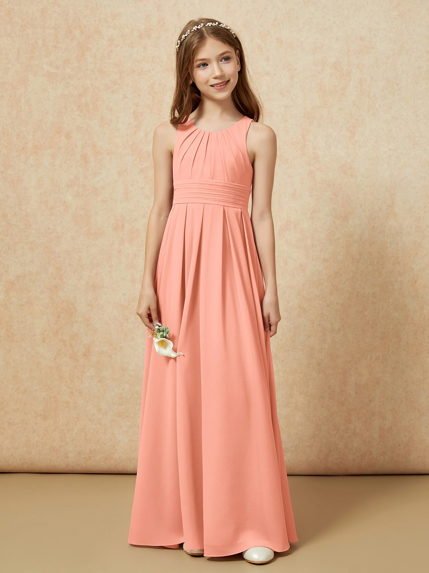 Scoop Neck Pleated Long Junior Bridesmaid Dresses Papaya - Image 4