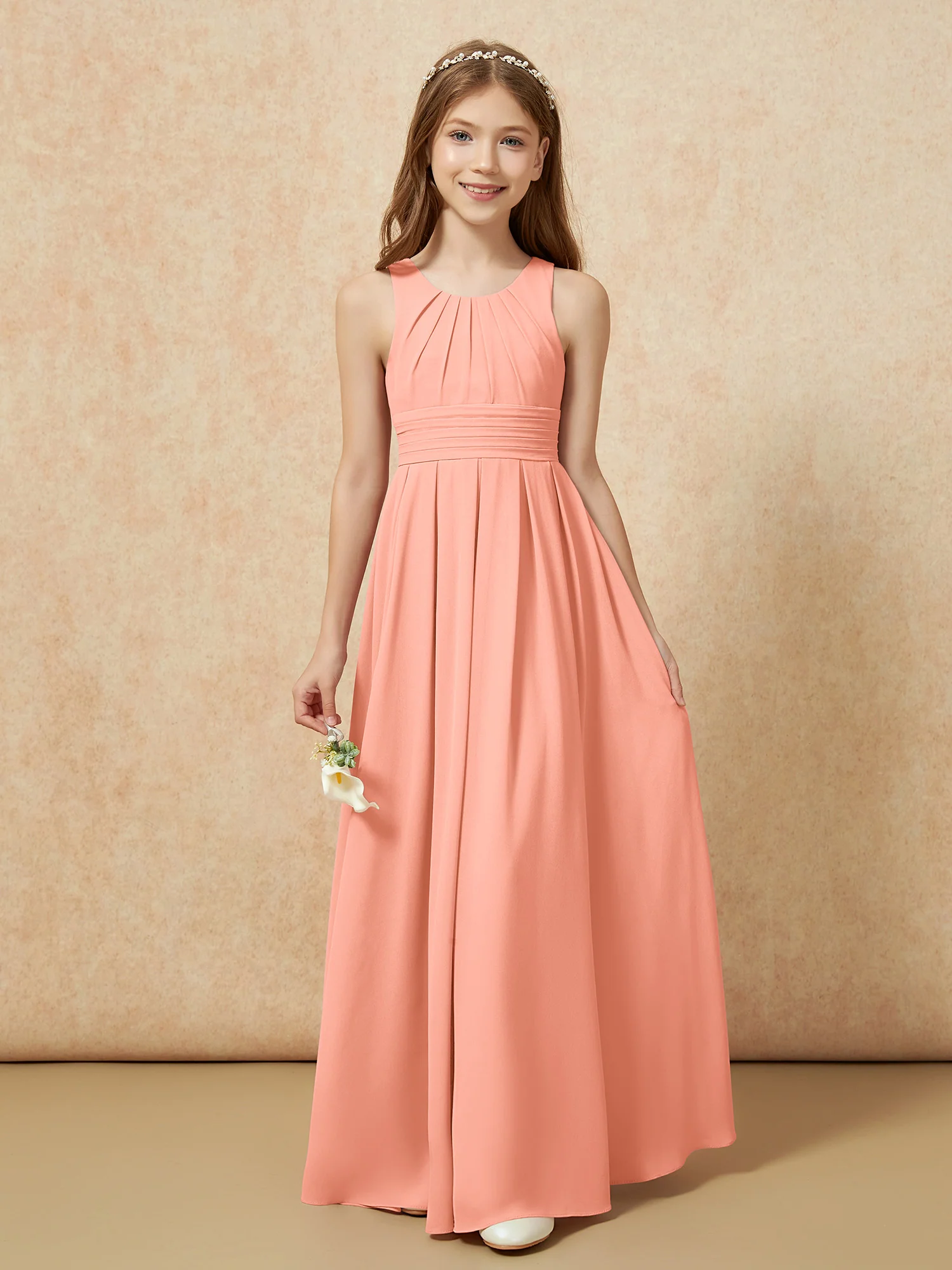 Scoop Neck Pleated Long Junior Bridesmaid Dresses Papaya - Image 5