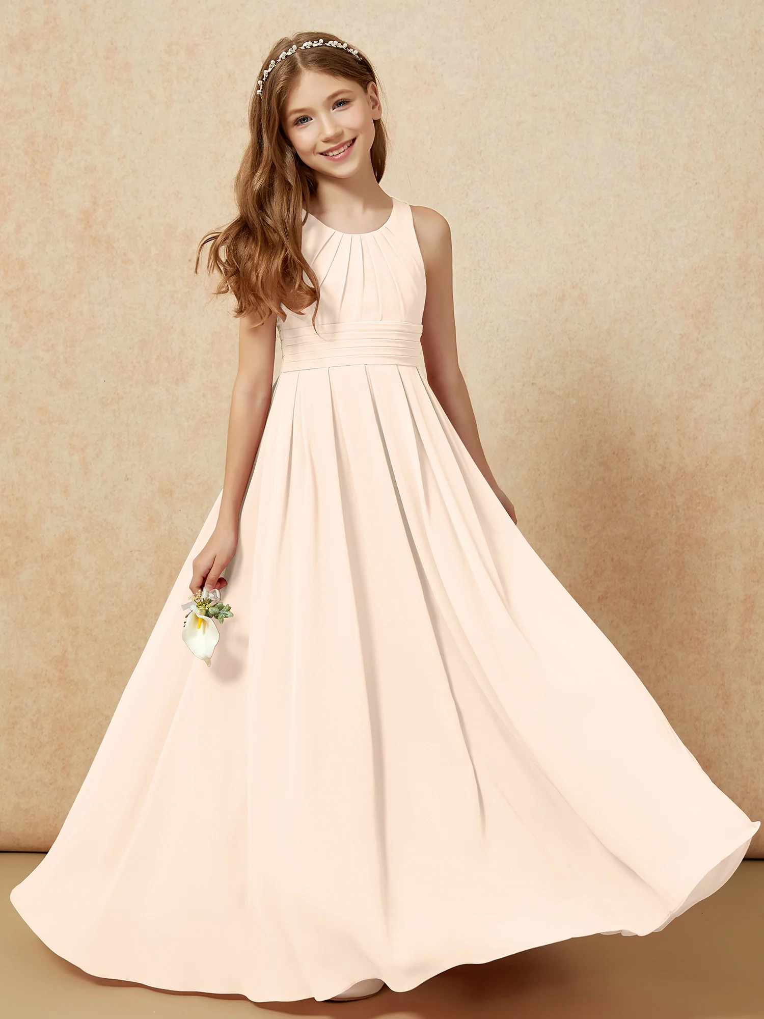 Scoop Neck Pleated Long Junior Bridesmaid Dresses Peach