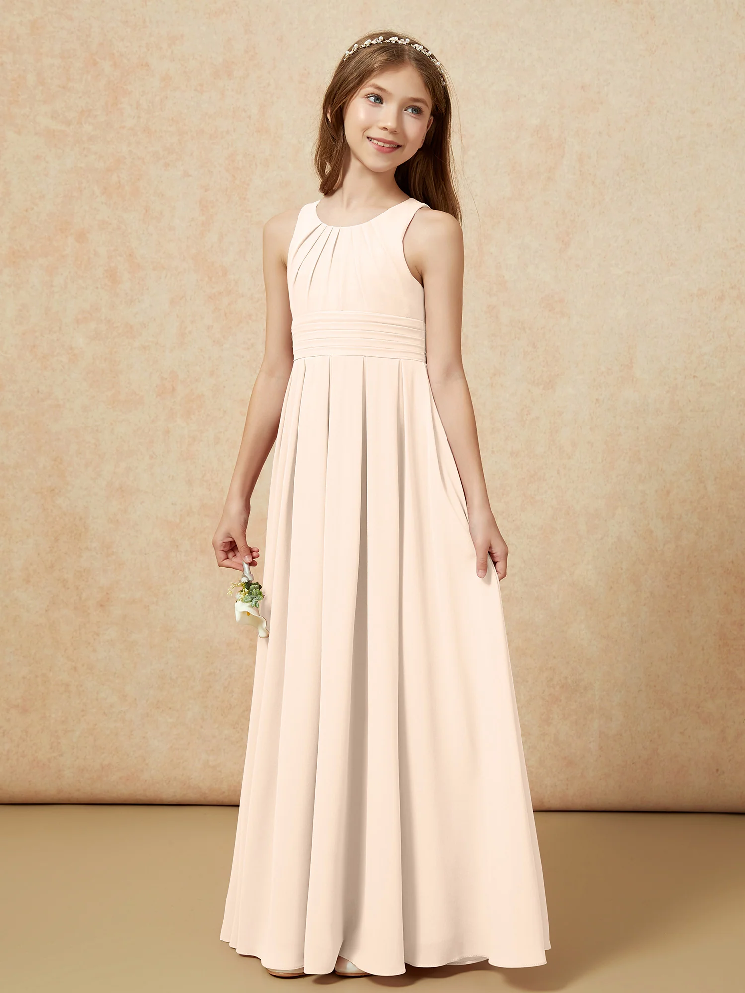 Scoop Neck Pleated Long Junior Bridesmaid Dresses Peach - Image 3