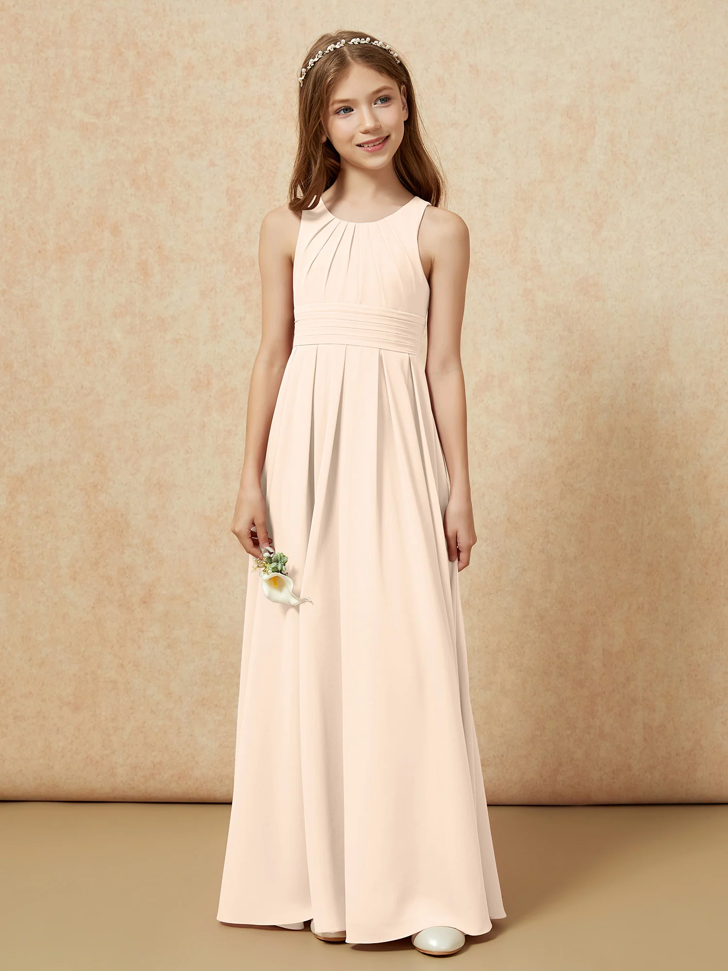 Scoop Neck Pleated Long Junior Bridesmaid Dresses Peach - Image 4